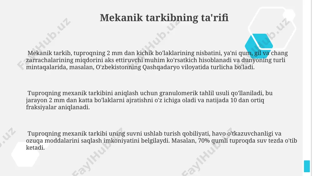 iy osiyo sharoitida toshloq tuproqlarda ko'p uchraydi. tuproqning fizik xossalari oʻzbekistonning qashqadaryo viloyati tuproqlarida 10-30 sm chuqurlikda oʻrtacha 2,5 g/sm³ zichlikka ega boʻlgan qumli tuproqlar keng tarqalgan boʻlib, suv oʻtkazuvchanligi yuqori. fargʻona vodiysidagi 15% loy va 60% qum tarkibiga ega boʻlgan tuproqlarning suv sigʻimi nisbatan past boʻlib, tez quriydi. namlangan holatdagi samarqand viloyati loy tuproqlarining yopishqoqligi yuqori boʻlib, plastincha shaklida 3-5 mm gacha boʻlgan agregatlar hosil qiladi. e'tiboringiz uchun rahmat @taqdimot_robot