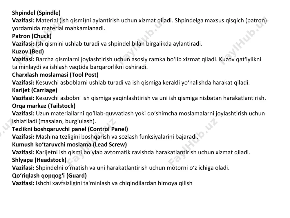 (chuck) vazifasi: ish qismini mahkam ushlab turadi va shpindel bilan birga aylantiradi. kuzov (bed) vazifasi: mashinaning barcha qismlarini joylashtirish uchun asos bo‘lib xizmat qiladi. ish paytida mashinaning barqarorligini ta'minlaydi. charxlash moslamasi (tool post) vazifasi: vint qiruvchi asbobni o‘rnatish va uni harakatlantirishga imkon beradi. karijet (carriage) vazifasi: kesuvchi asbobni ish qismiga nisbatan harakatlantiradi. bu jarayon vintning tishlarini qirqishda muhim rol o‘ynaydi. qadamli vint (lead screw) vazifasi: karijetni avtomatik ravishda boshqarish va kesuvchi asbobni ish qismi bo‘ylab harakatlantirish uchun ishlatiladi. vint tishlarini chizishda sinxron harakat ta'minlanadi. orqa markaz (tailstock) vazifasi: uzun ish qismlarini qo‘llab-quvvatlash yoki burg‘ulash operatsiyalarida foydalanish. qadam moslamasi (gearbox) vazifasi: karijetning tezligini va yo‘nalishini sozlash, vint qirquvchi operatsiyalarga mos keladigan nisbatni o‘rnatish. tezlikni boshqaruvchi panel (control panel) vazifasi: mashinaning tezligi va boshqa ish parametrlarini boshqarish uchun ishlatiladi. vint qirquvchi asbob (thread cutting tool) vazifasi: ish qismidagi vint tishlarini chizish uchun ishlatiladi. maxsus qirraga ega bo‘lgan bu asbob yuqori aniqlikni ta'minlaydi. …