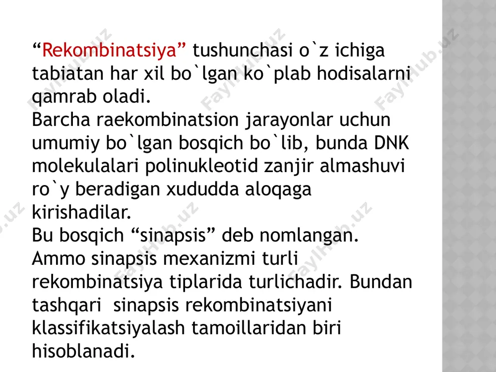 erial transpozonlarda aniqlangan. noreplekativ transpozitsiya elementni kesish va uni boshqa joyga ko’chirib o’tkazishga asoslanadi. ko’pgina bakteriyalarning harakatchan elementlari va eukariotlarning lementlariga xos. retrotranspazonlarning ko’chib o’tishi. pol retrotranspazoning geni bir nechta fermentlarni ko’dlaydi: integraza, teskari transkriptaza, rnkazah ni va proteazani. noqonuniy rekombinatsiya dnk molekulalari orasida gomologiyasiz rekombinatsiya yuz beradigan jarayonlar yig`indisi bo`lib,sayt-maxsus rekombinatsiya mexanizmlari va trsndpozitsiyalar qatnashmaydi . ular uchin umumiy bo`lib dnkning nogomologik molekulari uchining qo`shilishi hisoblanadi. ba’zi hujayra genlarining xo`jayin hujayrasi xromosomasidan ekssiziyalanayotganda retrovirus tomonidan tutilishi mikroinyeksiyalar yordamida umirtqalilar hujayrasiga kiritilayotgan dnk qisimlarining hujayraga integratsiyasi. birinchi marta yapon tadqiqodchisi x.ikedo tomonidan 1982 yilda ta’riflangan . image2.png image3.png image4.png image5.png image6.png image7.png image8.png image9.png image10.png image11.png image1.jpeg /docprops/thumbnail.jpeg