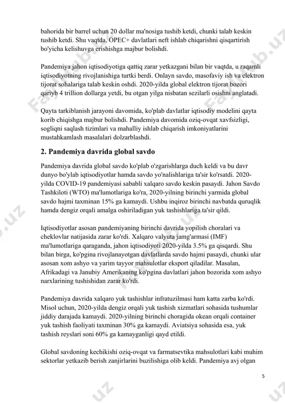 an yuk tashishlariga ta'sir qildi. iqtisodiyotlar asosan pandemiyaning birinchi davrida yopilish choralari va cheklovlar natijasida zarar ko'rdi. xalqaro valyuta jamg'armasi (imf) ma'lumotlariga qaraganda, jahon iqtisodiyoti 2020-yilda 3.5% ga qisqardi. shu bilan birga, ko'pgina rivojlanayotgan davlatlarda savdo hajmi pasaydi, chunki ular asosan xom ashyo va yarim tayyor mahsulotlar eksport qiladilar. masalan, afrikadagi va janubiy amerikaning ko'pgina davlatlari jahon bozorida xom ashyo narxlarining tushishidan zarar ko'rdi. pandemiya davrida xalqaro yuk tashishlar infratuzilmasi ham katta zarba ko'rdi. misol uchun, 2020-yilda dengiz orqali yuk tashish xizmatlari sohasida tushumlar jiddiy darajada kamaydi. 2020-yilning birinchi choragida okean orqali container yuk tashish faoliyati taxminan 30% ga kamaydi. aviatsiya sohasida esa, yuk tashish reyslari soni 60% ga kamayganligi qayd etildi. global savdoning kechikishi oziq-ovqat va farmatsevtika mahsulotlari kabi muhim sektorlar yetkazib berish zanjirlarini buzilishiga olib keldi. pandemiya avj olgan davrda ko'plab davlatlar oziq-ovqat xavfsizligini kafolatlash uchun eksportga cheklovlar kiritishga majbur bo'lishdi. masalan, vetnam, hindiston va boshqa davlatlar muayyan …