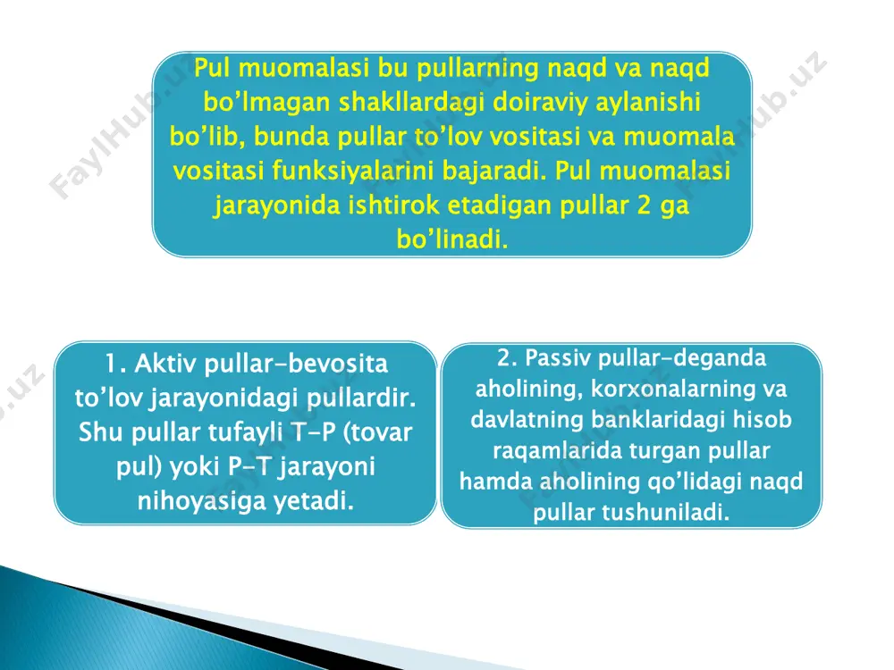 ori pul massasini qanday suratlarda ko’payotganligini ko’rsatadi. shu sababli markaziy bank pul massasining dinamikasini va inflyatsiya darajasini kuzatish uchun unga pul multiplikatori kerak. 3. pulning aylanish tezligi. pul multiplikatori. bank hisobvaraqqa kiritilgan summa berilgan kreditlar zahiralar a 100 80 20 b 80 64 16 c 64 51.20 12.80 d 51.20 40.96 10.24 e 40.96 32.77 8.19 f 32.77 26.21 6.55 g 26.21 20.97 5.24 h 20.97 16.78 4.19 i 16.78 13.42 3.36 j 13.42 10.74 2.68 k 10.74 jami zahiralar: 89.26 hisobraqamdagi umumiy summa: umumiy kreditlar miqdori: umummiy zahiralar+ hisobvaraqqa kiritilgan oxirgi summa: 457.05 357.05 100 pul aylanish tezligini aniqlashda boshqa formulalar ham mavjud: n- tugagan yoki o’tgan oylar soni pul massasini tavsiflovchi muhim ko’rsatkichlardan biri pul aylanish tezligi hisoblanadi. xalqaro valyuta fondi ekspertlari fikricha bu ko’rsatkich 30% bo’lishi kerak. jahon bankining ekspertlari fikriga ko’ra bu ko’rsatkich 40% bo’lishi kerak. o’zbekistonda 2020 yil 1-yanvar holatiga monetizatsiya koeffisenti 17 % ni …