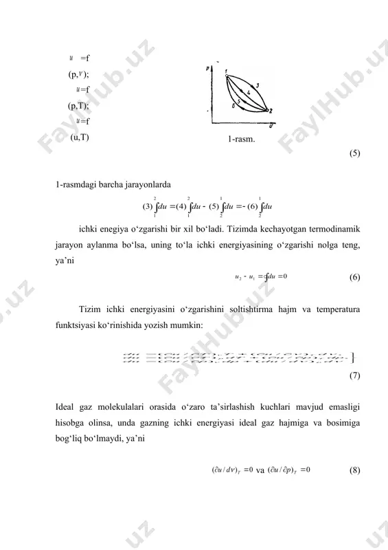 tda hamda bosim o‘zgarmas deb qabul qilamiz. aytaylik, silindr porsheni ostida 1 kg gaz tursin. uning bosimi p atrof muhit bosimi pm ga teng, solishtirma hajmi 1 va porshen yuzasi f bo‘lsin (2 rasm). gazga elementar dq issiqlik miqdori uzatilsa, gaz o‘zgarmas bosimda kengayib porshenni biror ds masofaga siljitadi hamda tashqi kuchlarga qarshi elementar ish bajaradi: d =pfds=pd (12) gazning 1 hajmdan 2 gacha kengayishida bajarilgan to‘la ishni (3 -rasm) quyidagicha ifodalash mumkin. (13) yuqoridagi ifodadan ko‘rinib turibdiki, yopiq termodinamik tizimda gazning kengayishi hisobiga bajarilgan ish bosim bilan hajm o‘zgarishining ko‘paytmasiga teng. termodinamik tizimning bajargan ishi musbat yoki manfiy ishorali bo‘lishi mumkin. masalan, gaz tashqi kuchlar ta’siridan siqilsa, ya’ni porshen chap tomonga qarab harakatlansa, unda bajarilgan ish manfiy (d 0) ishorali bo‘ladi. tashqi bosim kuchlariga qarshi bajariladigan, tizim hajmining o‘zgarishiga bog‘liq bo‘lgan ish 1 kengayish ishi deb yuritiladi. kengayish ishini tizim atrofdagi muhit ustida bajaradi. shuni qayd qilib o‘tish lozimki, …