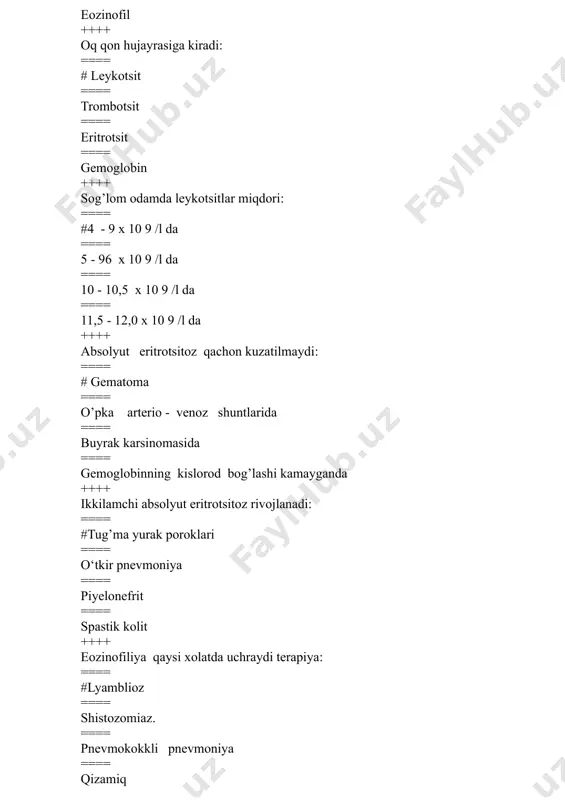 otsitoza ++++ b12 defitsit anemiyada suyak ko’migi: ==== #megaloblastik turdagi qon yaratilish ==== o’zak xo’jayralar oshishi ==== eritroid o’siq qisqarishi ==== neytrofillar oshishi ++++ talassemiya tashxisi uchun zarur ==== #eritrotsitlar morfologiyasini o’rganish ==== suyak ko’migini o’rganish ==== peshobni o’rganish ==== fermentlar miqdori ++++ glyukoza-6-fosfatdegidrogenaza defitsit anemiyasi diagnostikasi uchun zarur: ==== #ferment aktivligini aniqlash ==== qonda byens-djons oqsilini aniqlash ==== o’roqsimon eritrotsitlarni aniqlash ==== leykotsitlarda gyeyns tanalarini aniqlash ++++ neytrofilyoz kuzatiladi : ==== #furunkulezda ==== aplastik anemiyada ==== qorin tifida ==== antibiotiklar qo’llaganda ++++ qaysi leykositlar granulositlarga tegishli ==== neytrofillar ==== limfositlar ==== monositlar ==== trombositlar ++++ gematokritning oshishi kuzatiladi: ==== # eritrocitozda ==== kuyish kasalligida ==== anemiyalarda ==== degidratatsiya ++++ eozinofilyoz kuzatiladi: ==== #allergiyalarda ==== stress ==== buyrak usti bezi gormonlari ta'siri ==== anemiyalarda ++++ neytrofillarda qanday patologik o'zgarishlar kuzatiladi: ==== # toksik donadorlik ==== geync tanachasi ==== botkin soyalari ==== yadro vakuolizatsiyasi ++++ trombositlar sonining kamayishi kuzatiladi: ==== # …