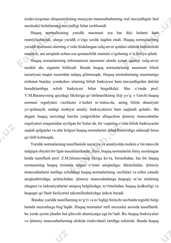 uquq normalarini shhakllantirishga salmoqli hissa qo‘shib kelmoqda. yuridik normalarning tasniflanishi nazariya va amaliyotda muhim o‘rin tutuvchi tadqiqot obyekti bo‘lgan masalalardandir. zero, huquq normalarini ilmiy asoslangan holda tasniflash prof. z.m.islomovning fikriga ko‘ra, birinchidan, har bir huquq normasining huquq tizimida tutgan o‘rnini aniqlashga; ikkinchidan, ijtimoiy munosabatlarni tartibga solishdagi huquq normalarining vazifalari va rolini yanada aniqlashtirishga; uchinchidan, ijtimoiy munosabatlarga huquqiy ta’sir etishning chegara va imkoniyatlarini aniqroq belgilashga; to‘rtinchidan, huquq ijodkorligi va huquqni qo‘llash faoliyatini takomillashtirishga imkon beradi. bunday yuridik tasniflarning to‘g‘ri va to‘liqligi birinchi navbatda tegishli belgi hamda mezonlarga bog‘liqdir. huquq normalari turli mezonlar asosida tasniflanib, bu yerda ayrim jihatlar hal qiluvchi ahamiyatga ega bo‘ladi. bu–huquq funksiyalari va ijtimoiy munosabatlarning alohida (individual) tartibga solinishi. bunda huquq normalari mazmuni bo‘yicha tartibga soluvchi, qo‘riqlovchi va ixtisoslashgan normalarga bo‘linadi. tartibga soluvchi (regulyativ) normalar ijtimoiy munosabatlarni ular ishtirokchilariga huquqlar berish va majburiyatlar yuklash yo‘li bilan tartibga solishga yo‘naltirilgan. masalan, o‘zbekiston respublikasi soliq kodeksining 11-12-moddalarida soliq to‘lovchilarning huquq …