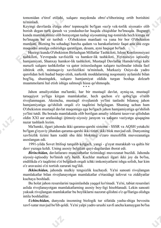 topishga to'g'ri keldi. g'oyat qisqa fursatda bu sohada tashqi ishlar vazirligi, tashqi iqtisodiy aloqalar qo'mitasi, keyinchalik esa, tashqi iqtisodiy alo-qalar vazirligi va boshqa qator davlat boshqaruv organlari tuzildi, diplomatik kadrlarni tayyorlash va qayta tayyorlash tizimi yaratildi. mustaqillikka qadar yurtimizda birorta ham xorijiy davlat elchi-xonasi yo'q edi. hozirgi vaqtda chet ellarda mamlakatimizning 48 ta diplomatik vakolatxonasi bor. o'zbekistonda esa 86 ta elchixona va savdo vakolatxonasi akkreditatsiya qilingan. mamlakatimizning qulay geosiyosiy o'rni, uning birinchi nav-batda o'z milliy manfaatlarini inobatga olgan holda olib borayotgan, har tomonlama chuqur o'ylangan, mustaqil va izchil tashqi siyosati davlatimizning jahon hamjamiyati tomonidan e'tirof etilishi, xalqaro maydonda obro'-e'tiborining ortib borishini ta'minladi. keyingi davrlarda o'ziga obro' topmoqchi bo'lgan «ко'р vek-torlik siyosati» olib borish degan turli qarash va yondashuvlar haqida chiqishlar bo'lmoqda. bugungi kunda mamlakatimiz olib borayotgan tashqi siyosatning tag-tomirida hech kimga sir bo'lmagan bir sir turibdi - o'zbekiston manfaati va yana bir bor o'zbekiston manfaati. bizning bu sohadagi barcha qadam …