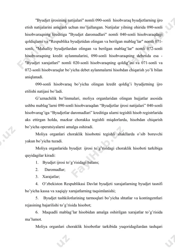 o’g’risidagi choraklik hisobotning maqsadli mablag’lar hisobidan amalga oshirilgan xarajatlar to’g’risida ma’lumotda byudjet tasnifi bo’yicha rezerv fondi mablag’lari sarflanishi va mablag’lar qoldig’i aks ettiriladi. moliya organlari tomonidan tuziladigan respublika byudjeti va mahalliy byudjetlar ijrosi to’g’risida yillik buxgalteriya hisobotlari tarkibiga quyidagilar kiradi: 1. byudjet ijrosi to’g’risidagi balans; 2. daromadlar; 3. xarajatlar; 4. o’zbekiston respublikasi davlat byudjeti xarajatlarning byudjet tasnifi bo’yicha kassa va xaqiqiy xarajatlarning taqsimlanishi; 5. byudjet tashkilotlarining tarmoqlari bo’yicha shtatlar va kontingentlari rejasining bajarilishi to’g’risida hisobot; 6. maqsadli mablag’lar hisobidan amalga oshirilgan xarajatlar to’g’risida ma’lumot. moliya organlari yillik hisobotlar tarkibida yuqoridagilardan tashqari tasarrufidagi byudjet tashkilotlari bo’yicha quyidagi yig’ma hisobotlarni ham taqdim etadi: 1. balans; 2. xarajatldar smetasining ijrosi haqida hisobot; 3. debitorlik va kreditorlik qarzdorlik xaqida ma’lumot; 4. byudjetdan tashqari rivojlantirish jamg’armasi pul mablag’lari xarakati to’g’risida hisobot; 5. tibbiyot muassasalarini moddiy rag’batlantirish va rivojlantirish jamg’armasi pul mablag’lari xarakati to’g’risida hisobot; 6. ta’lim muassasalarini o’qitishni to’lov-kontrakt shaklidan tushgan mablag’lari xarakati to’g’risida hisobot; …