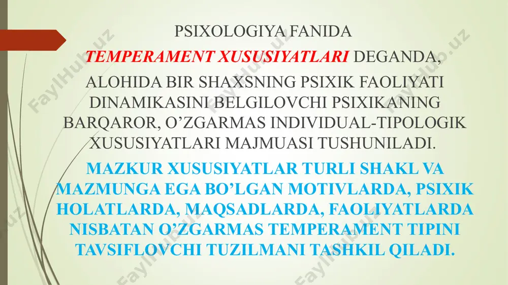 ament tiplari nerv sistemasining kuchi nerv tizimining muvozanati nerv tizimining ildamligi xolerik kuchli jo'shqin muvozanatsiz qizg’in serharakat sangvinik kuchli serharakat muvozanatli serharakat flegmatik kuchli vazmin muvozanatli inert (sust) melanxolik kuchsiz muvozanatsiz tormozli serharakat yoki inert 1.senzitivlik (lotincha sensus - sezish, his qilish degan ma'no anglatadi). senzitivlik yuzasidan insonda birorta psixik reaksiyani hosil qilish uchun zarur bo’lgan o’ta kuchsiz tashqi taassurot kuchiga qarab mulohaza yuritiladi, jumladan, sezgilarning paydo bo’lishi uchun kerak qo’zg’ovchining ozgina kuchi (ularning quyi chegarasi), ehtiyojlar qondirilmasligining sezilar-sezilmas darajasi (shaxsga ruhiy azob beruvchi) mujassamlashadi. 2.reaktivlik. bu to’g’rida aynan bir xil kuch bilan ta'sir etuvchi tashqi va ichki taassurotlarga shaxs qanday kuch bilan emosional reaksiya qilishiga qarab munosabat bildiriladi. reaktivlikning yorqin ro’yobga chiqishi-emosionallik, ta'sirlanuvchanlikda ifodalanishidir. 3.faollik. bu borada inson qanday faollik darajasi bilan tashqi olamga ta'sir etishi va maqsadlarni amalga oshirishda ob'ektiv hamda sub'ektiv qarama-qarshiliklarni faollik bilan engishga qarab fikr yuritiladi. 4.reaktivlik bilan faollikning o’zaro munosabati. odamning faoliyati ko’p jihatdan …