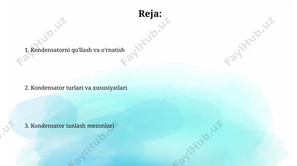 atta sigʻimli kondensatorlar ishlatiladi. kondensatorlarning harorat koeffitsiyenti ularning ishlash xususiyatlariga taʼsir qiladi, masalan, ±15ppm/°c harorat koeffitsiyentiga ega keramika kondensatorlar nisbatan yuqori harorat barqarorligiga ega. qo'llaniladigan sohalar energiya saqlash tizimlarida, 1000 f dan ortiq sig‘imga ega superkondensatorlar, avtomobillar va gibrid transport vositalarida tezkor energiya yetkazib berish uchun ishlatiladi. kondensatorlar yuqori chastotali elektronika, masalan, 5g aloqa tizimlari va 10 ghz dan yuqori chastotali signallarni qayta ishlashda keng qo‘llaniladi, bu erda ularning past induktivligi muhim ahamiyatga ega. parametrlarni tanlash yuqori chastotali dasturlar uchun past esr (ekvivalent seriya qarshiligi) va esl (ekvivalent seriya induktivligi) ga ega bo'lgan seramika kondensatorlari, masalan, 100nf dan kamroq qiymatlarni tanlash maqsadga muvofiqdir. katta quvvatli kondensatorlarni tanlashda ularning o'lchamlari va issiqlik tarqalish qobiliyati muhim ahamiyatga ega bo'lib, 1000µf dan yuqori sig'imlar uchun maxsus issiqlik tarqatuvchi mexanizmlarni qo'llash mumkin. quvvatlanish va kuchlanish kondensatorning quvvatlanishi uning saqlash imkoniyatini ifodalaydi va farad (f) da o'lchanadi; 1000 µf kondensator 1000 mf ga teng va …