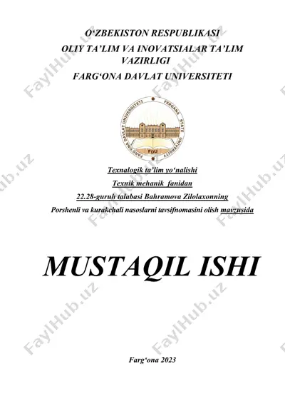 porshenli va kurakchali nasoslar tavsifnomasi — DOCX