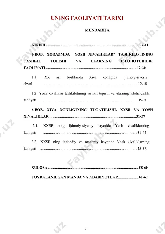 babi yurtboshimizning “yuksak ma’naviyat yengilmas kuch” asarida ta’kidlanganidek: “xix asrdagi chorizm istilosi ko’pgina sabablar bilan bir qatorda, avvalambor o’sha paytda mavjud bo’lgan siyosiy boshboshdoqlik, hukmron kuchlarning uzoqni ko’ra olmasligi, ma’naviy zaifligi oqibatida ro’y berganini tarixiy misollar isbotlab turibdi”2. shu bilan birgalikda, ushbu kitobda, chorizm mustamlakasi davrida ma’rifat g’oyasini baland ko’tarib choqqan jadid bobolarimizning faoliyati misol qilinib, ularning o’z shaxsiy manfaati, yurtimizni taraqqiy toptirish maqsadida amalga oshirgan ezgu ishlari avlodlar xotirasidan aslo o’chmasligi, yana bir bor ta’kidlangan. 1 каримов и.а. тарихий хотирасиз келажак йўқ. –тошкент: шарқ, 1998. – 31б. 2 islom karimov. yuksak ma’naviyat – yengilmas kuch. – toshkent: ma’naviyat, 2008. – b. 52. yuqoridagilarni e’tiborga olib, xiva xonligida ana shunday taraqqiyot uchun kurashgan “yosh xivaliklar” harakati hamda uning xorazm tarixida tutgan o‘rnini o‘rganib yoritish yosh tarixchi olimlar oldidagi muhim vazifalardan hisoblanadi. shu bois ham, ushbu bitiruv malakiy ishning mavzusi “yosh xivaliklar tashkiloti va uning faoliyati tarixi” deb nomlanib o‘rganilishi lozim …