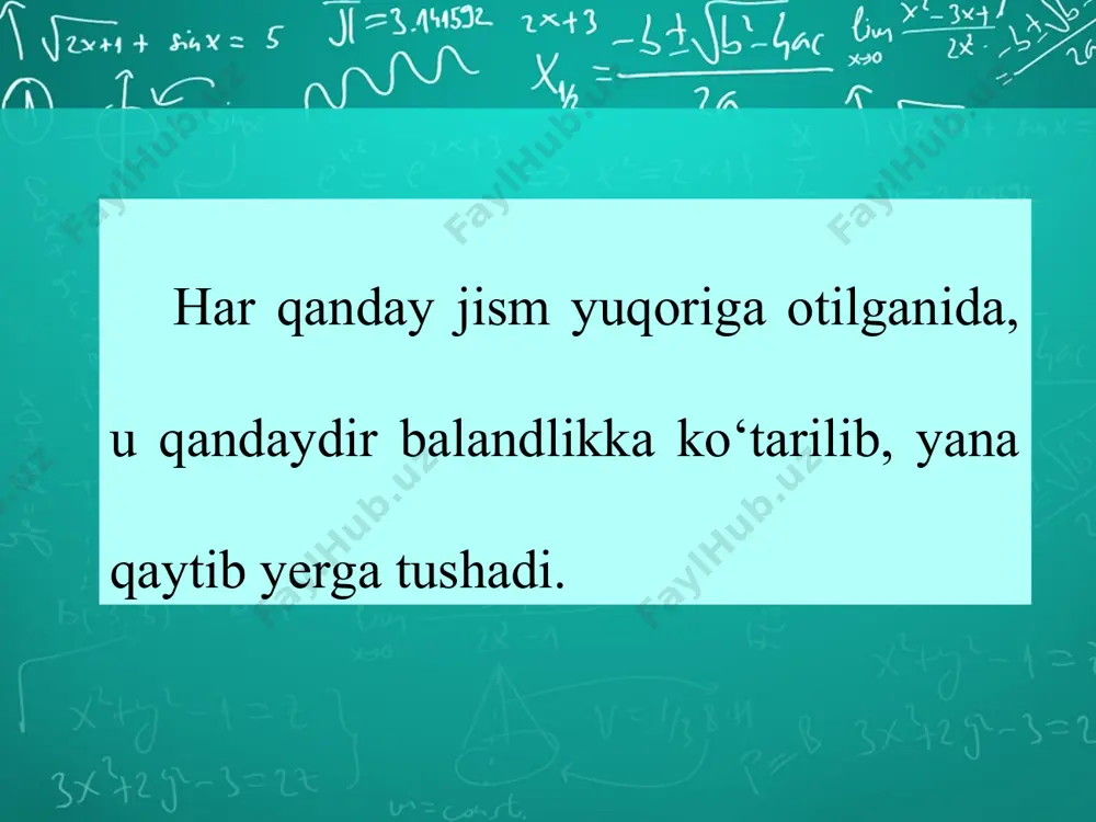 di shunday tezlikka erishadi. agar (2) formulada tezlanishni nolga teng deb olsak, bu formula tekis harakat formulasiga aylanadi. yuqoriga tik otilgan jism harakatini tahlil qilish va masalalar yechish uchun, asosan, boshlang‘ich tezlik haqidagi ma’lumot kerak bo‘ladi. *