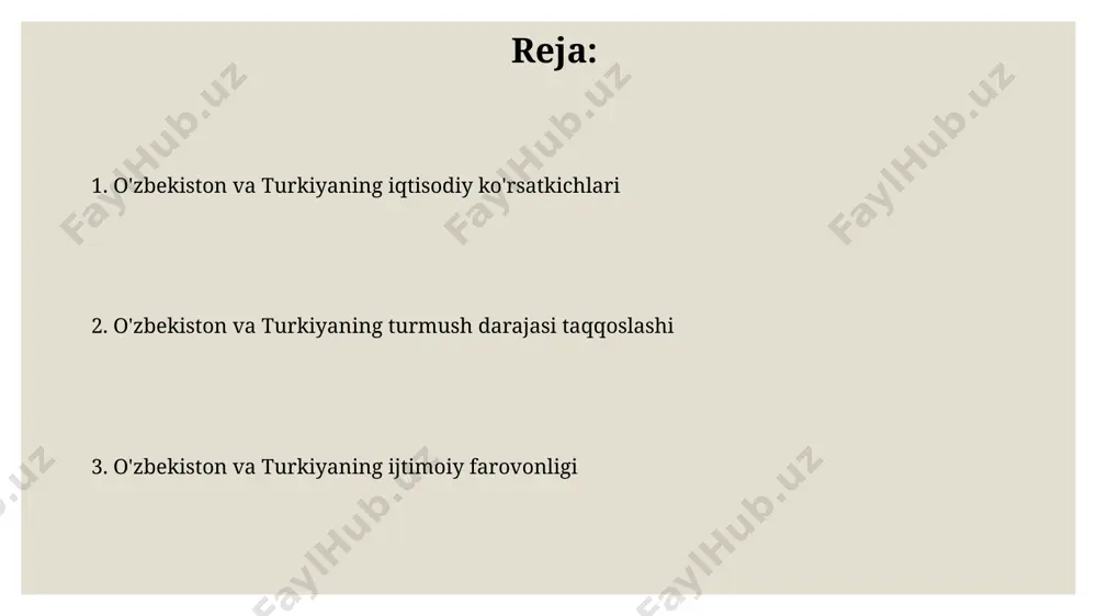 ezilarli farq mavjud bo'lib, istanbulda ixtisoslashgan tibbiy muassasalar soni ancha yuqori. turkiya sog'liqni saqlash xarajatlari yalpi ichki mahsulotning 8 foizini tashkil etadi, o'zbekistonda esa bu ko'rsatkich ancha past. bu farq ikki mamlakatning sog'liqni saqlash tizimlaridagi farqni ko'rsatadi. o'zbekiston va turkiyadagi infratuzilma turkiston shahrida yangi qurilgan temir yo'l stantsiyasi 2023 yilda ishga tushirildi, bu esa buxoro bilan samarkand o'rtasidagi yuk tashish tezligini 25% ga oshirdi, ammo istanbuldagi ulkan aeroport kompleksi ancha kattaroq va murakkabroq infrastrukturaga ega. toshkent shahrining suv ta'minoti tizimi 20 yil ichida 30% ga modernizatsiya qilingan bo'lsa-da, istanbulning markazlashtirilgan kanalizatsiya tizimi 99% aholini qamrab oladi, ancha yuqori ko'rsatkich. o'zbekiston va turkiyadagi ijtimoiy himoya turkiyaning ijtimoiy sugʻurta tizimi, 2022 yil maʼlumotlariga koʻra, 70 yoshdan oshgan fuqarolarga pensiya toʻlashda 150 milliard turkiya lirasidan ortiq mablagʻ sarflagan. oʻzbekistonda 2024 yil uchun ijtimoiy himoya dasturida sogʻliqni saqlashga 3 milliard aqsh dollaridan ortiq mablagʻ ajratilishi rejalashtirilgan boʻlib, bu mablagʻlarning bir qismi onalik va bolalikni …