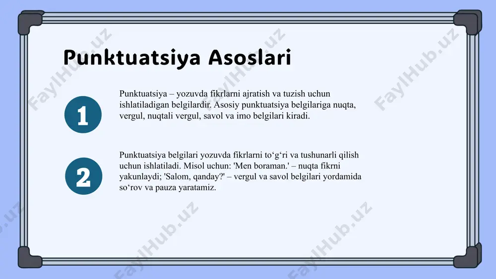 shqlar va tinglab tushunish texnikalari bor. bu usullar yordamida o'qish va yozish mahorati rivojlanadi. o'qish samaradorligini oshirish uchun punktuatsiya qoidalariga rioya qilish muhim. bu, matnni tezroq va to'g'ri tushunishga yordam beradi, shuningdek, yozma va og'zaki ifoda sifatini yaxshilaydi. darsliklarda punktuatsiya tahlili punktuatsiya tahlilining maqsadi darsliklardagi yozuv uslubini va belgilarining to‘g‘ri qo‘llanilishini baholashdir. bu jarayon orqali matn aniq va tushunarli bo‘lib, o‘quvchilarning tushunishi oshadi. usullarga grammatik va stilistik tekshirish, belgilarning mosligini aniqlash kiradi. natijalarda kamchiliklar aniqlanib, tavsiyalar ishlab chiqiladi. punktuatsiya tushunchasi punktuatsiya yozuvda ma'lumotning to'g'ri tushunilishi va oqish uchun muhim bo'lgan qoidalar to'plamidir. bu yozuvdagi ajratuvchi belgilar, masalan, nuqta, vergul va so'zlarni ajratish uchun ishlatiladi. punktuatsiya matnning ma'nosini aniqlashga yordam beradi va o'qish jarayonini soddalashtiradi. o'qituvchilar uchun, uni to'g'ri tushuntirish va har bir belgining ma'nosini ko'rsatish muhimdir, chunki bu o'quvchilarning yozuv va tushunish qobiliyatini rivojlantiradi. punktuatsiya belgilarini o'rgatish usullari punktuatsiya belgilarini o'rgatishda vizual materiallardan foydalanish muhim. misollar bilan amaliy mashg'ulotlar o'tkazish, …