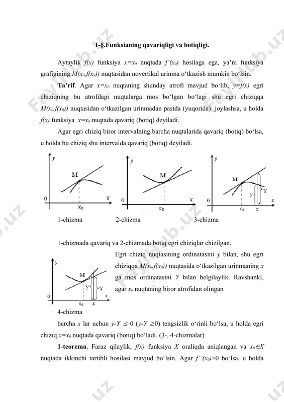 arini topamiz: agar x=0 bo‘lsa, u holda u=2; agar x=4 bo‘lsa, u=2. 5-chizma funksiyaning uzilish nuqtalari yo‘q. 2) funksiya toq ham, juft ham emas, davriy ham emas. 3) funksiyaning nollari yo‘q, 4) og‘ma asimptotalari yo‘q, chunki aniqlanish 6-chizma 7-chizmasohasi kesmadan iborat. 5) hosilasini topamiz: .hosilani nolga tenglashtirib, kritik (statsionar) nuqtanitopamiz: x=2. 40-chizmadagi sxemani chizamiz. bundan funksiya (0,2) intervalda o‘suvchi, (2,4) intervalda kamayuvchi, x=2 nuqtada funksiya maksimumga erishishi kelib chiqadi. maksimum nuqtasining ordinatasi ymax=2 . 6) ikkinchi tartibli hosilani topamiz: . (0,4) intervalda ikkinchi tartibli hosila manfiy, demak bu intervalda funksiya grafigi qavariq bo‘ladi. funksiya grafigi 5–chizmada chizilgan. shuni aytib o‘tish kerakki, , bo‘lganligi sababli, funksiya grafigi (0,2) nuqtada ordinatalar o‘qiga, (4,2) nuqtada x=4 to‘g‘ri chiziqqa urinadi. 3. y=xx. funksiyani tekshiring va grafigini chizing. yechilishi. avval funksiyani quyidagicha yozib olamiz: y=xx=exlnx. 1) funksiyaning aniqlanish sohasi barcha musbat sonlar to‘plami. chegaraviy qiymatlari: exlnx=1, exlnx=+(. uzilish nuqtalari yo‘q. 2) funksiya juft ham, toq …