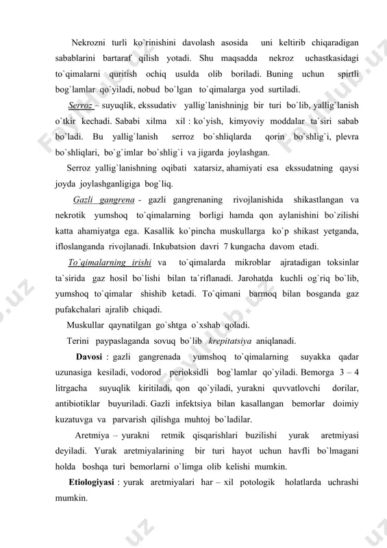 lligi, gepertaniya, o`pka, yurak va hakazolar. 2. yurak reflektor ta`sirotlaridan endokrin boshqarishning buzilishidan elektrolit muvozanatning buzilishidan, kislota, ishqor muvozanatining buzilishidan o`zining retmik qisqarishni yuqotadi. 3. fizik va kimyoviy ta`sirotlar : alkagolli ichimliklar, jarohat, gepoktsiya, gepertermiya davolash degitalis, siydik haydovchi, simpatomimetiklar ta`siri. 4. yurak retmining idionitik buzilishlari. yurak aretmiyalari tasnifi. i. yurak avtomatizmi buzilishi. ( sinus taxikardiyasi, sinus bradikardiyasi, sinus aretmiyasi.) ii. yurak qo`zg`alishining buzilishi (ekstrasistopiya, paroksizmoltaxikardiya) iii. o`tkazuvchanlikning buzilishi : yurak bloki. iv. titroq aretmiya. bradikardiya - yurakning sekin urishi. tinch turganda, uxlaganda yurak sekin uradi. animiya – kam qonlikda, odam och qolganda ham yurakning sekin urushi kuzatiladi. geperimiya – to`qimalarda qonni ortiqcha to`planishi. arteriyal to`la qonlik – arteriyal sistemaga normadagidan ko`proq miqdorda qon kelib turadigan bo`lsa – yu undan oqib ketadigan qon normal miqdorda qolaveradigan bo`lsa, arteriyal to`la qonlik vujudga keladi. umumiy qon miqdori ko`payganidan yoki qon shakli elementlari masalan : eritrotsitlar soni ortib ketganida ko`riladi. teri va shilliq …