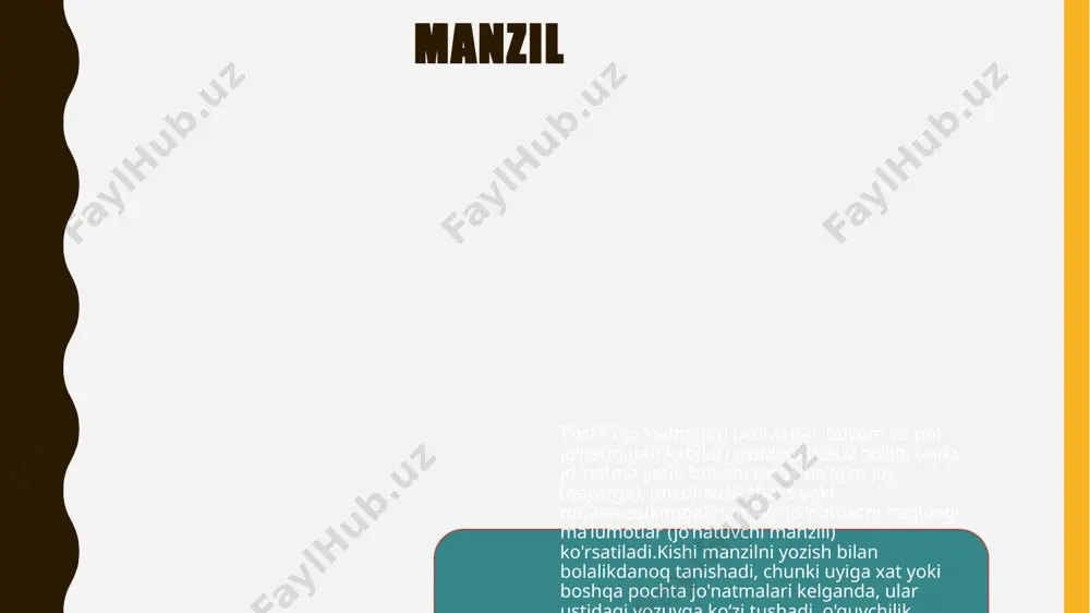 muassasa nomi ko‘rsatilgan to ‘rtburchak muhr qo'yiladi. zaruriy qismlari burchakda joylashgan bosma yoki xos ish qog‘ozlarida zaruriy qism avval o'zbek tilida, so'ng rus yoki ingliz tilida beriladi. zaruriy qismlar uzunasiga (bo'yiga) joylashgan bosma ish qog'ozlarida ular chap tomonda o'zbek tilida, o'ng tomonida rus yoki ingliz tilida beriladi. 9 xizmat xatlari quyidagi zaruriy qismlami o ‘z ichiga oladi: 1. 0 ‘zbekiston respublikasi gerbi. 2. muassasaning ramziy belgi (emblema)si. 3. mukofotlar. 4. vazirlik, boshqarma nomi. 5. tashkilot nomi. 6. bo'linma nomi. 7. tasniflagich bo'yicha hujjatning xos raqami. 8. muassasaning xos raqami. 9. pochta, telegraf manzili, bankdagi hisobraqami. 10. sana. 11. shartli raqam. 12. kelgan hujjat shartli raqami. 13. hujjatning kelish sanasi. 14. hujjat jo'natiladigan manzil (xatni oluvchi muassasaning nomi). 15. munosabat belgisi (rezolyutsiya). 16. nazorat haqida belgi. 17. matn sarlavhasi (xatning qisqacha mazmuni). 18. matn. 19. ilovalar haqida belgi. 20. imzo. 21. rozilik belgisi (viza). 22. kelishuv haqida belgi. 23. bajaruvchi haqida …
