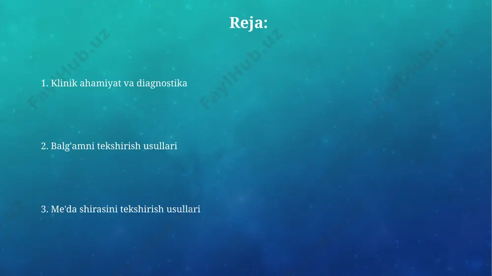 onxitni aniqlashga yordam beradi. unda neytrofillar soni 15% dan oshishi yallig'lanish borligini ko'rsatishi mumkin. shuningdek, allergik astmada eozinofillar aniqlanadi. balg'amning kimyoviy tahlili balg'amning kimyoviy tahlili tarkibida oqsil miqdori, odatda, 0,3% dan 1,5% gacha bo'ladi. unda fibrinogen, globulin va albumin kabi protein fraktsiyalari aniqlanadi. balg'amda fermentlar (amilaza, proteaza) va lipidlar mavjudligi tekshiriladi. umumiy lipidlar miqdori 0,2 dan 0,8 gacha litriga bo'lishi mumkin. ph darajasi 6,5 dan 7,5 gacha oraliqda o'zgaradi. gastrik sharbatning kimyoviy tahlili gastrik sharbatda laktatdegidrogenaza (ldh) fermenti faolligini aniqlash mumkin. ldh fermentining yuqori konsentratsiyasi me'da shilliq qavatining shikastlanishi bilan bog'liq bo'lishi mumkin, qiymati 200 u/l dan yuqori bo'lishi mumkin. gastrik sharbatning kimyoviy tahlili gastrik sharbatning sitologik tekshiruvi gastrik sharbatning sitologik tekshiruvi o'simta hujayralarini aniqlashga qaratilgan. unda atipik hujayralarning mavjudligi, ularning morfologik xususiyatlari 20x va 40x kattalashtirishda baholanadi. sitologik tekshiruv uchun kamida 50 ml me'da shirasi kerak. preparatlar romanovskiy-gimza usuli bo'yicha bo'yaladi va kamida 200 ta hujayra mikroskop ostida 2 …