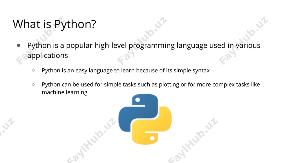wn). mystring = “hello, world” myint = 7 myfloat = 7.0 mylist = [7, 8, 9] myboolean = true basic syntax rules function syntax def...: indicates that you are defining a new function. function() refers to the name of your function. by convention, this name is typically lowercase and represents a verb/action. a,b refers to parameters (values or variables) that can be used within the statements of your function’s definition (......). if your function has no parameters, an empty parenthetical () is used. the return statement is an optional statement that will return a value for your function to your original call. def function(a, b): ...... return a + b basic syntax rules (cont.) calling a function call the function by referring to its name (function()) and by placing any necessary arguments (1, 2) within the parenthesis separated by commas. myvalue = function(1, 2) if you wish, you can set …