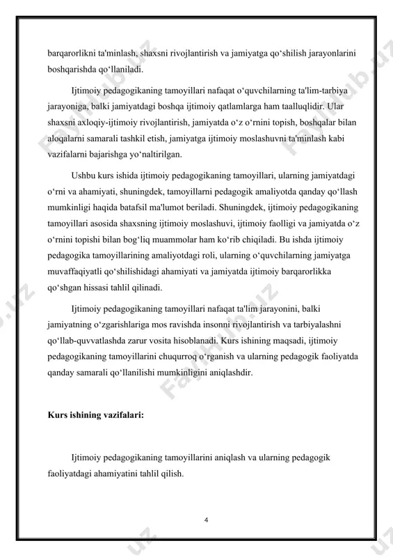 oyillar pedagogik faoliyatning o‘ziga xos qoidalari va yo‘riqnomalarini tashkil etadi, bu esa ijtimoiy pedagogning ishining samarali va maqsadga muvofiq bo‘lishini ta'minlaydi. ijtimoiy pedagogikaning tamoyillarining tushunchasi. tamoyil (lat. "principium" - asos, boshqaruv) bu biron bir sohada asosiy prinsip va qoidalarni ifodalovchi yondoshuvdir. ijtimoiy pedagogika sohasida tamoyillar pedagogik faoliyatning asosi sifatida, o‘quvchi shaxsini rivojlantirish, ijtimoiy-axloqiy, psixologik yordam ko‘rsatish, hamda uning jamiyatga moslashishi uchun zarur bo‘lgan yondoshuvlarni belgilaydi. ijtimoiy pedagogikaning tamoyillari jamiyatdagi o‘zgarishlar, yangi pedagogik qarashlar va ilmiy yondoshuvlar bilan birga rivojlanib boradi. ular har bir o‘quvchiga individual yondashuvni, ijtimoiy va ma'naviy qadriyatlarni o‘rgatishni, o‘quvchilarni jamiyatda to‘g‘ri va mas'uliyatli fuqaro bo‘lishga tayyorlashni o‘z ichiga oladi.[footnoteref:1] shuning uchun, ijtimoiy pedagogikaning tamoyillari nafaqat pedagogik faoliyatning asosiy tamoyillari, balki jamiyatda shakllanayotgan ijtimoiy me'yorlar, ma'naviy qadriyatlar va axloqiy muammolarga ham to‘g‘ri keladi. [1: jumaniyozov, a. (2015). ijtimoiy pedagogika. toshkent: o‘zbekiston milliy universiteti nashriyoti.] ijtimoiy pedagogikaning tamoyillari o‘zining rivojlanish yo‘lida bir qator bosqichlardan o‘tgan. ilk tamoyillar tarbiya jarayonida …