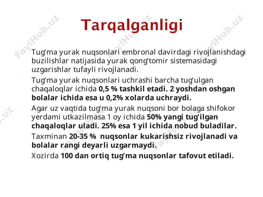 nuksoni mitral stenozi bilan. ikkinchi gurux — yurak ichidagi venoz konni arterial kon okimiga okishi bilan kuzatiladigan nuksonlar (o‘ngdan chapga, birlamchi-ko‘k). bu guruxga — fallo uchligi, tetradasi va pentadasi, uchtabakali kopkokni atreziyasi, magistral tomirlarni transpozitsiyasi kiradi uchinchi gurux — yurak magistral arteriyalarining torayishi bilan kuzatiladigan to‘gma nuksonlar: o‘pka arteriyasining stenozi, aorta stenozi, aorta koarktatsiyasi. tug’ma nuqsonlar fallo tetradasi ko’krak bukriligi exokardiografiya rentgenografiya kt mrt yurak kameralarini zondlash angiokardiografiya tez xolsizlanish ish vaktida kuchayadigan xansirash yurakni tez urushi jismoniy rivojlanishdan orqada qolishi tez-tez o’tkir respitor kasalliklarga chalinish teri rangini oqimtir tusga kirishi tananing pastki qismini ko‘karishi qorinchalar aro to’siq nuksoni qorinchalar aro devorning nuqsoni xansirash terini oqimtir tusga kirishi jigarni kattalashishi gipotrofiya jismoniy rivojlanishidan orqada qolish ko‘krak kafasini deformatsiyasi to’sh suyagining chap tomonida iii-iv qovurg’alar aro soxasida sistolik shovqini nukson soxasiga yamok tikilgan korinchalar aro devorning nuksoni o‘pka arteriyasini torayishi, korinchalar aro tusik nuksoni, aortani o‘ng tomonga siljishi va uni korinchalar …