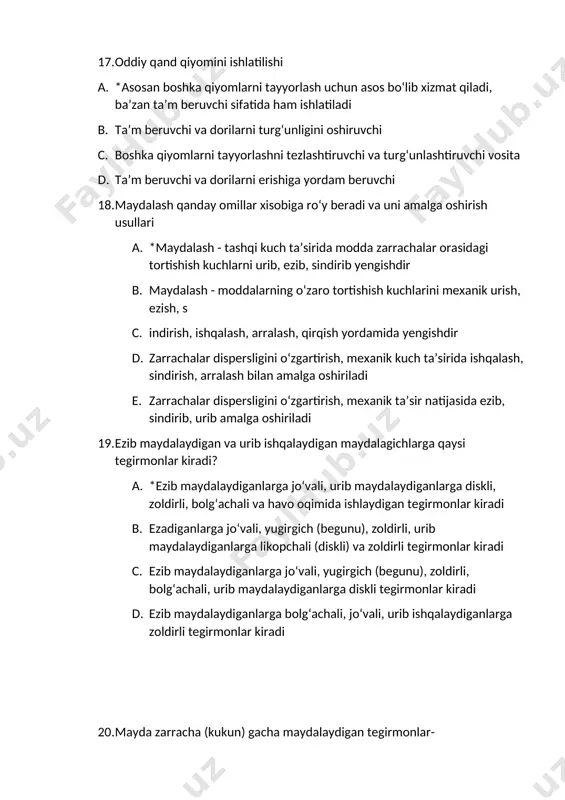 23. presslanuvchanlik nima va uning ahamiyati a. *120 mpa bosim kuchida olingan andoza tabletkaning sinishga bо‘lgan qattiqligi bо‘lib, mо‘tadil bosimda sifatli tabletka olish uchun kerak b. har xil bosimda olingan andoza tabletkani sinishga bо‘lgan qattiqligi bо‘lib, yuqori bо‘lmagan bosimda sifatli tabletka olishga imkon beradi c. 100 mpa da olingan tabletkani sinishga va ishqalanishgabо‘lgan qattiqligi bо‘lib, mо‘tadil bosimda sifatli tabletka olish uchun kerak d. 80 mpa da olingan tabletkani ishqalanishga bо‘lgan kattikligi bо‘lib, df talabiga javob beradigan tabletka olish uchun aniqlanadi 24. fraksion tarkibni tabletka sifatiga ta’siri a. *fraksiyalar orasidagi farq qanchalik kichik bо‘lsa, massani sochiluvchanligi va zichlanishi yaxshi bо‘ladi, bu esa о‘rtacha og‘irligi bir xil bо‘lgan sifatli tabletka olishini ta’minlaydi b. ta’siri yо‘q c. fraksiyalar orasidagi farq qancha katta bо‘lsa, massani sochiluvchan zichligi shuncha katta bо‘ladi, bu esa sifatli tabletka olishga imkon beradi d. fraksiyalar orasida farq kichik bо‘lsa, massaning presslanishi yaxshi bо‘lib, sifatli tabletka olish imkoniyatini beradi 25. sochiluvchanligi …