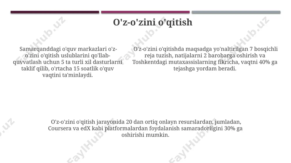 iga 10 kunlik ekskursiya davomida 5 ta tarixiy obida, 2 ta muzey va 3 ta hunarmandchilik ustaxonasi bilan tanishish imkoniyati mavjud. samarqand va buxoro shaharlariga 10 kunlik ekskursiya davomida 5 ta tarixiy obida, 2 ta muzey va 3 ta hunarmandchilik ustaxonasi bilan tanishish imkoniyati mavjud. onlayn ta'lim onlayn ta'lim 2023-yilda dunyo bo'ylab 100 milliondan ortiq talaba va 5 million dan ziyod o'qituvchini qamrab oldi, bu esa masofadan turib o'qitishning global miqyosini namoyish etadi. onlayn ta'limning samaradorligini oshirish uchun interaktiv o'yinlar va simulyatorlardan foydalanish 30% gacha o'quv natijalarini yaxshilashga yordam beradi, bu esa aqsh va kanada universitetlarida tasdiqlangan. o'zbekistondagi onlayn ta'lim platformalarining 70% dan ortig'i 30 dan ortiq turdagi kurslarni, jumladan, it sohasi, biznes va til o'rganish bo'yicha taqdim etadi. korporativ ta'lim samarqanddagi "innovatsiya markazi" 2024-yil uchun korporativ ta'lim dasturlarini 15% ga kengaytirishni va 1000 dan ortiq ishtirokchini jalb qilishni rejalashtirmoqda. toshkent shahridagi yirik korxonalarning 70% dan ko'prog'i xodimlarini malakasini oshirish …