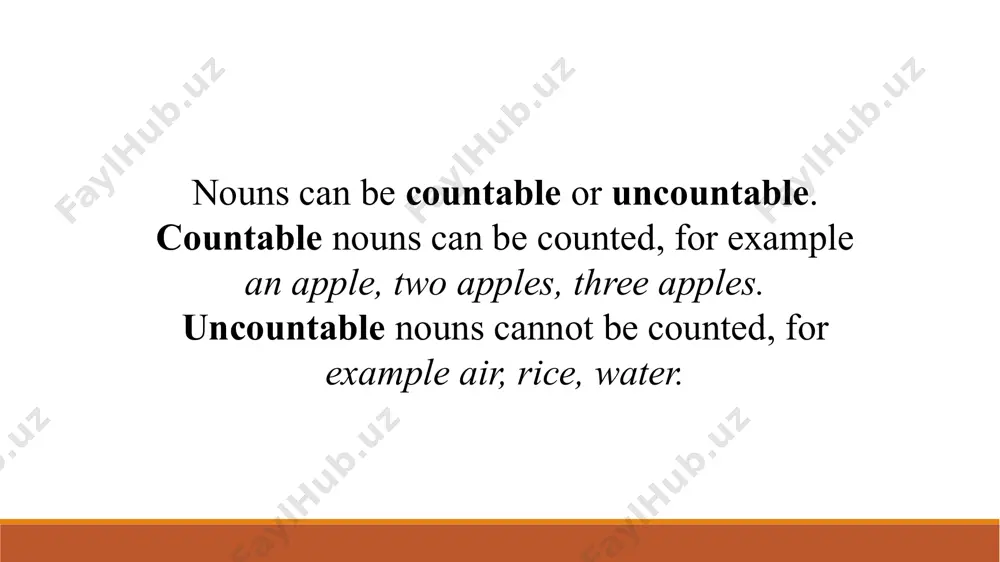 ave 5 seconds to think. after five seconds, you will see a answer. for each answer you will get 2 points. if the statement is correct, then you will see this picture: if this statement is wrong, then you will see this picture: it is uncountable! it is uncountable! it is countable! it is countable! it is uncountable! split nouns into two groups. information, tea, friend, water, juice, ham, help, tv set, paper, cup, textbook, children, advice, nose. countable uncountable split nouns into two groups. countable uncountable friend ham tv set cup textbook children nose information tea water juice help paper advice questions: what are countable nouns? what are uncountable nouns? give examples of countable and uncountable (3-5 examples). you can find tasks for independent work in document “countable and uncountable nouns”. image2.png image3.png image4.png image5.png image6.png image7.png image8.png image9.png image10.png image11.png /docprops/thumbnail.jpeg