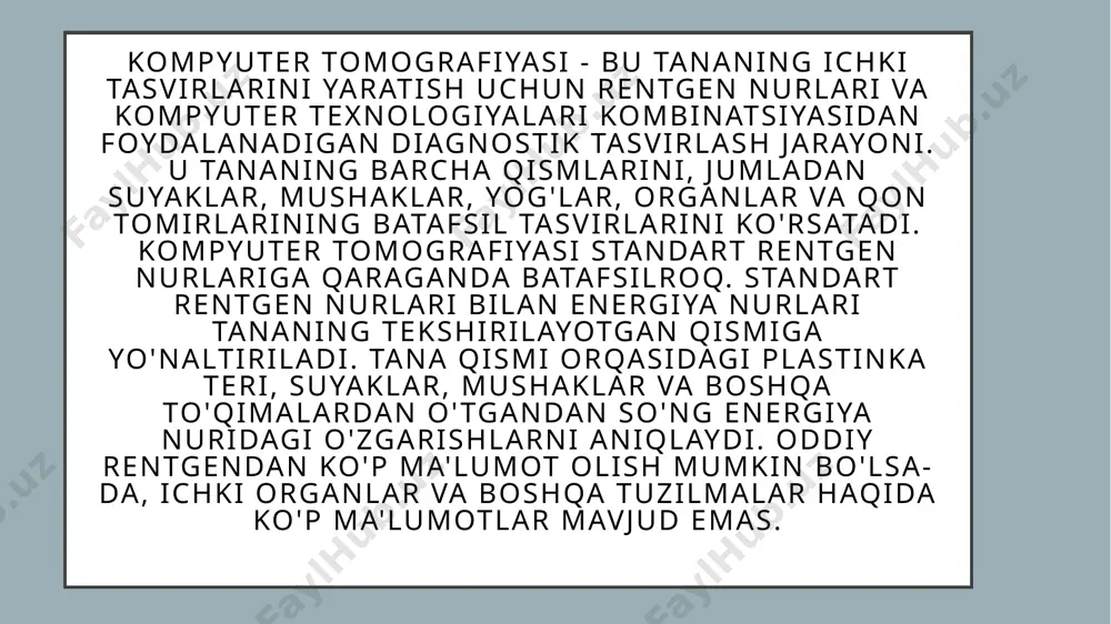 ar 10s rasm matritsasi, 1024x1024 piksellar kontrast sezgirligi,0.3 % fazoviy o'lchamlari, juft chiziqlar / 15 sm zichlikni o'lchash diapazoni: (-1024) - (+3071) hounsfield e. zichlikni o'lchash diapazoni: (-1024) - (+3071) hounsfield e. mri yoki kt farqlari kt va mri-bu ikki xil diagnostika turi. magnit-rezonans tomografning ishlash printsipi elektromagnit maydon ta'sirida hujayralardagi vodorod atomlari tebranish harakatlarini boshlaganda yadro magnit-rezonans hodisasiga asoslanadi. bundan tashqari, magnit-rezonans tomografiya yallig'lanish jarayonlarini, yumshoq to'qimalar va miyadagi neoplazmalarni yanada samarali aniqlashga imkon beradi, chunki bu to'qimalarda suv miqdori yuqori, ya'ni tasvirlarning yuqori kontrasti bog'liq bo'lgan yaxshi rezonans effektini olish mumkin. suyak to'qimalari, o'pka va bronxlardagi patologiyalar va anormalliklarni aniqlashda kompyuter tekshiruvi ajralmas hisoblanadi. kompyuter tomografiyasi suyaklar, nafas olish organlari va ichak, oshqozon, siydik pufagi kabi ichi bo'sh organlarning holatini eng yaxshi ko'rsatadi. qaysi birini tanlash yaxshiroq - mri yoki kt, davolovchi shifokor tomonidan aniqlanishi kerak. uning hukmida u birlamchi tashxisga, tekshiruv maqsadiga va bemorning sog'lig'iga asoslanadi. xulosa …