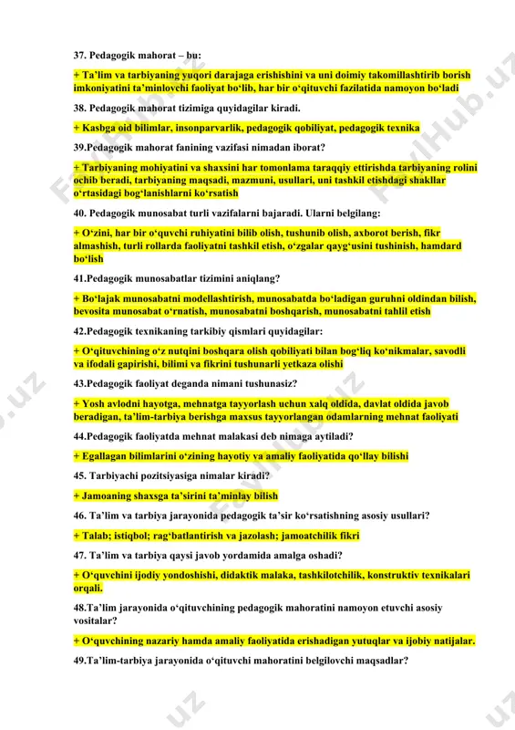 arayonning harakat vositasi ? + faoliyat 37. pedagogik mahorat – bu: + ta’lim va tarbiyaning yuqori darajaga erishishini va uni doimiy takomillashtirib borish imkoniyatini ta’minlovchi faoliyat bo‘lib, har bir o‘qituvchi fazilatida namoyon bo‘ladi 38. pedagogik mahorat tizimiga quyidagilar kiradi. + kasbga oid bilimlar, insonparvarlik, pedagogik qobiliyat, pedagogik texnika 39.pedagogik mahorat fanining vazifasi nimadan iborat? + tarbiyaning mohiyatini va shaxsini har tomonlama taraqqiy ettirishda tarbiyaning rolini ochib beradi, tarbiyaning maqsadi, mazmuni, usullari, uni tashkil etishdagi shakllar o‘rtasidagi bog‘lanishlarni ko‘rsatish 40. pedagogik munosabat turli vazifalarni bajaradi. ularni belgilang: + o‘zini, har bir o‘quvchi ruhiyatini bilib olish, tushunib olish, axborot berish, fikr almashish, turli rollarda faoliyatni tashkil etish, o‘zgalar qayg‘usini tushinish, hamdard bo‘lish 41.pedagogik munosabatlar tizimini aniqlang? + bo‘lajak munosabatni modellashtirish, munosabatda bo‘ladigan guruhni oldindan bilish, bevosita munosabat o‘rnatish, munosabatni boshqarish, munosabatni tahlil etish 42.pedagogik texnikaning tarkibiy qismlari quyidagilar: + o‘qituvchining o‘z nutqini boshqara olish qobiliyati bilan bog‘liq ko‘nikmalar, savodli va ifodali gapirishi, …