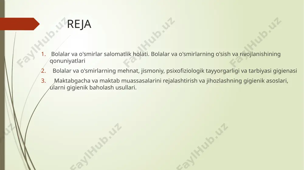 ko*rsatish darajasi; jismoniy va ruhiy rivojlanish, uning mutanosibligi darajasi. salomatlik guruhlari birinchi guruhga surunkali kasalliklari bo*lmagan yoki kamdan-kam kasallangan, normal jismoniy va ruhiy rivojlanishiga ega bo'lgan, ularning yoshiga mos keladigan bolalar va o'smirlar kiradi. ushbu bolalarning o'quv, mehnat va sport ishlari cheklovlarsiz tashkil etiladi. shifokor faqat muntazam profilaktik ko'rikdan o'tkazadi va umumiy sog'liqni saqlash choralarini ko'radi. ikkinchi guruhga surunkali kasalliklari bo*lmagan tez-tez kasallanadigan, normal jismoniy va ruhiy rivojlanishiga ega bo'lgan, ularning yoshiga mos keladigan bolalar va o'smirlar kiradi. ushbu bolalarning o'quv, mehnat va sport ishlari cheklovlarsiz tashkil etiladi. shifokor faqat muntazam profilaktik ko'rikdan o'tkazadi va umumiy sog'liqni saqlash choralarini ko'radi. uchinchi guruhga surunkali kasalliklarga chalingan yoki umumiy ahvoli va rivojlanishi ozgina buzilgan surunkali kasalliklarning kuchayishi bilan kompensatsiyalangan tug'ma patologiyasi bo'lgan bolalar kiradi. bu kasal bolalar va o'spirinlar kompensatsiya holatida. ular turli profillardagi shifokorlar nazorati ostida va tegishli tibbiy va profilaktika yordamidan foydalanadilar. ular uchun o'quv jarayonining o'ziga xos xususiyati kunning …