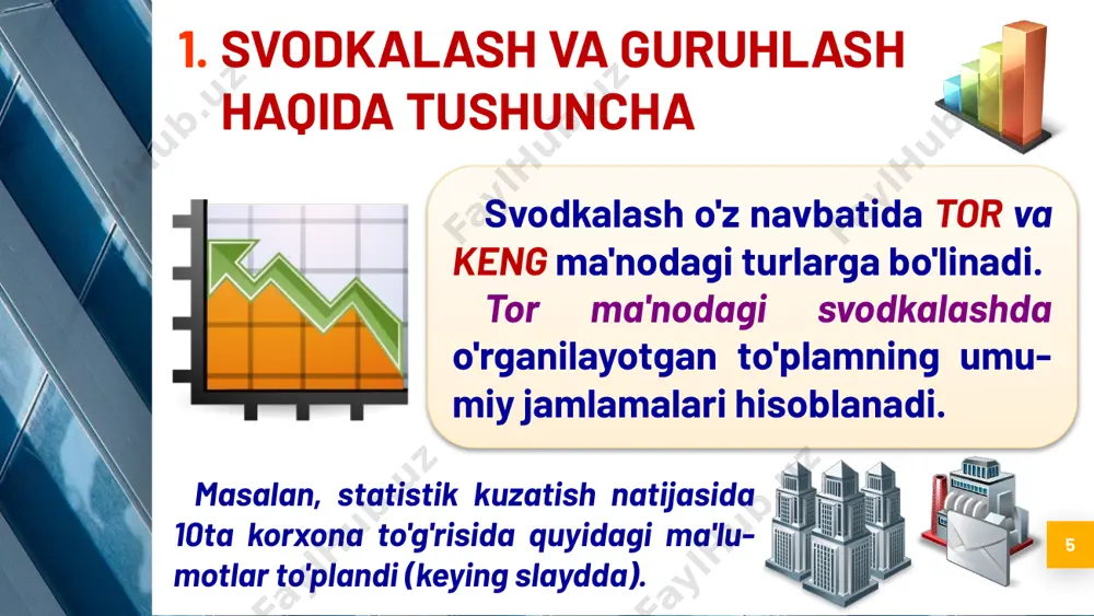 ir xil er maydoniga ega bo'lgan fermer xo'jaliklarida ekin maydonlari, qoramollar soni turlicha bo'lishi mumkin. bir xil miqdorda er maydoniga ega bo'lgan ikkita fermerning birinchisida etarli texnika mavjud bo'lsa, u ko'proq maydonga ekin ekishi mumkin, ikkinchisi esa texnikaga ega bo'lmasa, kam maydonga ekin ekishi mumkin. shuning uchun fermerlarni ekin maydoni, mavjud texnikasi va qoramallar soni jihatidan guruhlarga ajratish maqsadga muvofiqdir; guruhlash belgisini tanlashda quyidagi qoidalarga rioya qilish tavsiya qilinadi: guruhlash nazariyasining asosiy masalalari 20  voqea va xodisalar orasidagi o'zaro bog'liqliklarni tekshirishda guruhlashga asos qilib ta'sir qiluvchi, ya'ni omil belgi olinishi lozim. masalan, sanoat korxonalaridagi ishchilar mehnat unumdorligining asosiy fondlar qiymatidan bog'liqligini o'rganish maqsadida, guruhlashga asos qilib aso-siy fondlar qiymati olinishi kerak; guruhlash belgisini tanlashda quyidagi qoidalarga rioya qilish tavsiya qilinadi: guruhlash nazariyasining asosiy masalalari 21  guruhlash belgisini tanlashda o'rganilayotgan xodisa qaysi tarixiy sharoitlarda sodir bo'layotganligi inobatga olinishi lozim. masalan, dehqonchilik rivojlangan mintaqalarda guruhlashga asos qilib ekin maydoni, xosildorlik …
