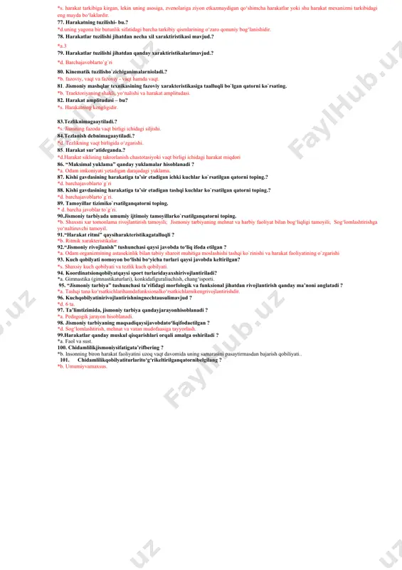 sosiytushunchalari qaysijavobdatoʻliqberilgan ? *b. jismoniy madaniyat, jismoniy rivojlanish, jismoniy kamolot, jismoniy tayyorgarlik, jismoniy tarbiya. 28.harakat texnikasi boʻyicha ma’lumotlarning bosh miya yarimsharlarida kengi radiatsiyalanishi, qoʻzgʻalishning tormozlanish bilan cheklanishi ya’ni harakat texnikasi boʻyicha ma’lumotlarning konsentrlanishi hamda harakat streotipi tashkil topadi. ushbu tariff quyidagi javoblarning qaysi biri mazmunini toʻliq ifoda etadi ? *a. harakat malakasi. 29. quyidagilardan qaysi biri jismoniymadaniyatning umumiy funksiyalariga talluqli? *b. axborot funksiyasi. 30. mashqlar texnikasining fazoviy xarakteristikasiga nimalar kiradi ? *s. gavda holati va harakat trayektoriyasi. 31. yuklamaning ichki tomonini quyidagijavoblardan qaysi biri aks ettiradi.? *d. mashq bajarishda organizmda sodir boʻladigan funksional oʻzgarishlar. 32. jismoniytarbiyadauzluksizliktamoyiliqandayvazifanihaletadi. ? *a. jismoniytarbiyajarayonidamashgʻulotlaruzluksizravishdaoʻtkaziladi. 33. harakatlargaoʻrgatishjarayoninechtabosqichdaniborat ? *a. dastlabkioʻrgatish, chuqurroqoʻrgatish, mustahkamlashvatakomillashtirish. 34. harakatning koʻnikma va malaka sifatida shakllanish bosqichlari qaysi javobda toʻgʻri berilgan ? *b. qoʻzgʻalishningirradatsiyavakontsentratsiyahamda harakat sterotipiasosida harakat malakasiningshakllanishi. 35. jismoniy madaniyatning maxsus funksiyasiga kiruvchi sport funksiyasi qanday vazifani halqiladi.? *s.tanlangan sport turi xususiyatlari va talablariga javob beradiga darajadagi tayyorgarlikni ta’minlash. 36. jismoniymashqtexnikasiningfazoviyxarakteristikasiganimalarkiradi.? *d. …