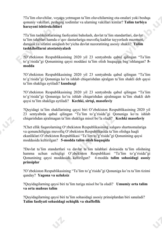 muidan iborat bo‘lgan, o‘quv jarayoni, ma’naviy-axloqiy tarbiyaning yuqori samaradorligini ta’minlaydigan ta’lim-tarbiya muhiti? kompus ?ta’lim oluvchilar, voyaga yetmagan ta’lim oluvchilarning ota-onalari yoki boshqa qonuniy vakillari, pedagog xodimlar va ularning vakillari kimlar? talim tarbiya harayoni ishtirokchilari ?ta’lim tashkilotlarining faoliyatini baholash, davlat ta’lim standartlari, davlat ta’lim talablari hamda o‘quv dasturlariga muvofiq kadrlar tayyorlash mazmuni, darajasi va sifatini aniqlash bo‘yicha davlat nazoratining asosiy shakli? talim tashkilotllarni atestatsiyalash ?o’zbekiston respublikasining 2020 yil 23 sentyabrda qabul qilingan “ta’lim to’g’risida”gi qonunining qaysi moddasi ta’lim olish huquqiga bag’ishlangan? 5-modda ?o’zbekiston respublikasining 2020 yil 23 sentyabrda qabul qilingan “ta’lim to’g’risida”gi qonuniga ko’ra ishlab chiqarishdan ajralgan ta’lim shakli deb qaysi ta’lim shakliga aytiladi? kunduzgi ?o’zbekiston respublikasining 2020 yil 23 sentyabrda qabul qilingan “ta’lim to’g’risida”gi qonuniga ko’ra ishlab chiqarishdan ajralmagan ta’lim shakli deb qaysi ta’lim shakliga aytiladi? kechki, sirtqi, masofaviy ?quyidagi ta’lim shakllarining qaysi biri o’zbekiston respublikasining 2020 yil 23 sentyabrda qabul qilingan “ta’lim to’g’risida”gi qonuniga ko’ra ishlab chiqarishdan ajralmagan ta’lim …