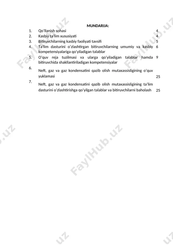 zmat ko’rsatish va ularni saqlash; · nеft-kimyoviy rеagеntlarni qazib olish; yo‘nalish bo‘yicha fan, texnika, texnalogiyalarning zamonaviy yutuqlari, kadrlar buyurtmachilari talabidan kelib chiqqan holda kasbiy faoliyat turlarida qo‘shimcha o‘zgarishlar bo‘lishi mumkin. 4. ta’lim dasturini o‘zlashtirgan bitiruvchining umumiy va kasbiy kompetensiyalariga qo‘yiladigan talablar 4.1. 50721301 – neft, gaz va gaz kondensatini qazib olish mutaxassisligiga bitiruvchilari umumiy kompetensiyasiga qo‘yiladigan talablar: professional ta’lim muassasasi (ptm) bitiruvchisi quyidagi umumiy kompetensiyalarga ega bo‘lishi kerak: uk-1. standart va nostandart vaziyatlarda qarorlar qabul qilish va ular uchun javobgarlikni o‘z bo‘yniga olish; uk-2. o‘z faoliyatini tashkil etish, kasbiy vazifalarni bajarishning standart usullari va yo‘llarini tanlash, ularning samadorligi va sifatini ta’minlash; uk-3. o‘zining kasbiy malakasini va shaxsiy kamolotini takomillashtir borish; uk-4. jamoada va ma’lum vazifani bajarishga yo‘naltirilgan guruhda ishlash, hamkasblar, rahbarlar va mijozlar bilan samimiy, xushmuomala va samarali muloqot qilish; uk-5. ta’lim olgan tilida fikrini og‘zaki va yozma ravishda ravon bayon qilish; uk-6. umuminsoniy fazilatlarga ega bo‘lish, o‘z millatini va …