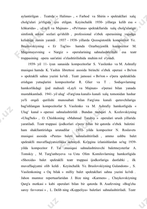 kelib urush davri qiyinchiliklari tufayli to'xtatib qo'yiladi. 1944- yildan qurilish ishlari qayta tiklanadi. 1945- yilning noyabr oyida kvantun armiyasining yapon asirlari toshkentga jo'natilishi munosabati bilan qurilish ishlari jadal sur'atlarda rivojlanib , 1947- yilda tamomila qurib bitkaziladi. aleksey shusyey binoning pardozlash ishlariga g'ayrat bilan kirishadi. me'morning g'oyasi bo'yicha olti foyening har biri o'ziga xos noyob uslubga ega bo'lishi kerak degan g'oyani ilgari suradi. bunga sabab esa toshkent , buxoro, xorazm , samarqand , farg'ona va termiz shaharlari bir vaqtlar o'z me'morchilik an'analariga ega tarqoq hudud bo'lganliklarini alohida – alohida ko'rsatib berish kerakligida deb hisoblaydi. pardozlash va bezak betish ishlariga mahalliy xalq hunarmandlari , rassomlar jalb etiladi. ularga buxorolik usta akademik shirin murodov boshchilik qiladi . bino tarzi va interyerini bezashda milliy me'morchilik an'analaridan foydalanilgan . bezaklarida buxoro me'morchilik maktabining ganchkori bezaklari ; toshkentlik ustalarning namoyon va ravoqlari , guldasta bezaklari; xivalik ustalarning ganchkori , marmar , naqsh , yog'och o'ymakorligidagi o'ziga …