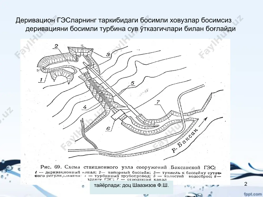 вузнинг иншоотлар таркиби босимли ховузларнинг аксарияти икки қисимдан иборат бўлади: аванкамера босимли девор. тайёрлади: доц шаазизов ф.ш. * тайёрлади: доц шаазизов ф.ш. аванкамера – бу босимли ховузнинг кенгайтирилган ва чуқурлаштирилган қисми бўлмиш, деривацион сув ўтказгичларни қабул қилувчи камералар билан бирлаштирадиган участкаси саналади. кинетик энегрияни потенциал энергияга равон ва бир текисда ўтказиш учун аванкамеранинг ён деворлари кенгайган ва туби эса кичик қиялик бурчагида бажарилади (10-150). тайёрлади: доц шаазизов ф.ш. * тайёрлади: доц шаазизов ф.ш. босимли деворда эса қабул қилувчи камералар ва турбина сув ўтказгичларнинг бош қисмлари жойлаштирилади. босимли девор дамловчи иншоотлар ишлаш шароитлари талабларига жавоб беришлари лозим, ва шу сабабли улар чоксиз монолит бетон ёки монолит темир бетон конструкциялар кўринишида бажарилади. тайёрлади: доц шаазизов ф.ш. * тайёрлади: доц шаазизов ф.ш. тайёрлади: доц шаазизов ф.ш. * тайёрлади: доц шаазизов ф.ш. қабул қилувчи камераларга анча қулай ўтиш шароитлари босимли деворга сувни фронтал йўналиши бўйича олиб келинишида яратилади (99а-расм). лекин, қабул қилувчи камераларни сони …