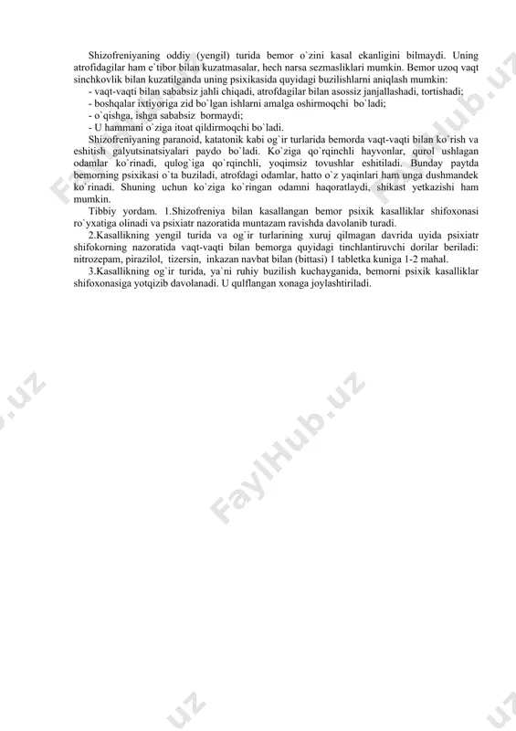 l, askorbin kislota -2 ml vena tomiriga, nikotin kislota -1 % - 1 ml, vitaminlar - b1, b2, b6 -1 ml, b12 - 200 mkg muskul orasiga (har biri 10 tadan). jenshen, pantokrin, levzey ichishga (navbat bilan). 4. fizioterapevtik muolajalar: sharko dushi, aylanma dush. psixasteniya. ruhiy buzilishlar bilan kechadigan kasallik holatidir. sababi. qo`rqish, ruhiy aziyat, giyohvandlik, spirtli ichimliklar, og`ir kechgan tug`uruq, o`smirlik va keksalik davridagi psixik o`zgarishlar. belgilari. 1.psixozning depressiv kechishida bemorda doim tushkun kayfiyat, harakatsizlik, savolga javob bermaslik, odamlardan o`zini olib qochish, ishyoqmaslik, vaqtini yolg`izlikda va to`shakda o`tkazish kabilar. 2.psixozning maniakal kechishida tartibsiz harakatlar, ma`nosiz sergaplik, asossiz kulish va kayfiyatning yuqori bo`lishi yoki aksincha jahli chiqib baqirish, janjallashish, murosasizlik. tibbiy yordam.1.bemor asab-psixik kasalliklar shifoxonasida yoki psixiatr shifokorining nazoratida uyda davolanishi kerak. 2.tinchlantiruvchi dorilar: nevrasteniyaga o`xshash. og`ir kechishida amiltriptilin 1 tabletka yoki 2 ml muskul orasiga. epilepsiya. tutqanoqli tirishish va hushini yo`qotish bilan kechadigan asab-psixik kasallik. sababi. tug`ruq vaqtida yoki …