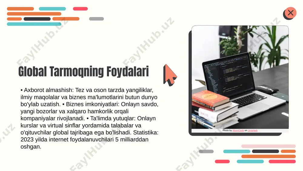 unsplash xulosa • global tarmoq zamonaviy jamiyatda iqtisodiy, ijtimoiy va madaniy taraqqiyotning muhim omilidir. • internet va boshqa global tarmoqlar axborot almashish, biznes uchun yangi imkoniyatlar va ta’limda innovatsion yutuqlarni ta’minlaydi. • tarmoqlarni ulash va ma’lumot almashish texnologiyalari uzluksiz rivojlanib, har doim yangi innovatsion imkoniyatlarni ochmoqda. keling, global tarmoq imkoniyatlaridan samarali foydalanib, taraqqiyotni yangi bosqichga olib chiqaylik! * e'tiboringiz uchun rahmat! designed by slides carnival image1.png image2.png image3.png image6.jpg image7.jpg image8.jpg image9.jpg image5.png