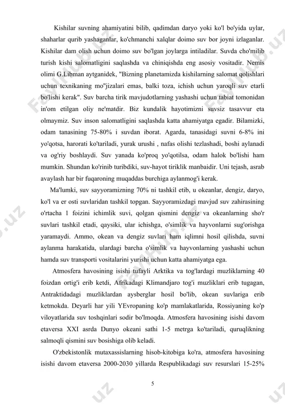 o'lmoqda. atmosfera havosining isishi davom etaversa xxi asrda dunyo okeani sathi 1-5 metrga ko'tariladi, quruqlikning salmoqli qismini suv bosishiga olib keladi. o'zbekistonlik mutaxassislarning hisob-kitobiga ko'ra, atmosfera havosining isishi davom etaversa 2000-2030 yillarda respublikadagi suv resurslari 15-25% kamayadi; atmosfera havosi isiganda suvni parlanishi kuchayib, ekinlar rivojlanish davrida ko'p marta sug'orishni talab qiladi. ekinlarga suv etishmasligidan hosildorlik kamayadi. suvga nisbatan noto'g'ri munosabat tufayli sodir bo'lgan noxush ahvol bu faqat ekologik falokat emas, balki bizning ma'naviy fojiamizdir. chunki, tabiatga qaratilgan zo'ravonlik ortida kelgusini ko'ra olmaydigan ma'naviy basir kishilar turadi. ilgari daryo va ariq suvlari ichilar edi, chunki u ziloldek toza bo'lgan. suvga nafaqat kattalar, hatto yosh bolalar ham biron cho'p tashlashga jur'at etmaganlar. chunki, suvni ifloslantirish gunoh deb, ularga ekologik tarbiya berilgan. hozir esa ba'zi kishilar hamma iflos chiqindini suvga tashlashadi. ilgarilari suvdan tejab foydalanilgan. hatto daryo yaqinida, ya'ni suv mo'l joyda toat-ibodat qilinganda ham uni ortiqcha sarflamaslikka o'rgatilgan. viloyatimizning yuqori zonasidagi mavjud …