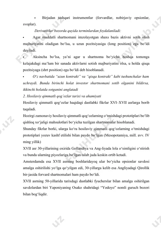 r sanada yetkazib berish boʻyicha ham amalga oshirila boshlandi. chikago savdo palatasida roʻyxatga olingan birinchi forvard shartnomasi 1851 yil 13 martda qayd etilgan boʻlib, u 300 bushel (oʻlchov birligi, 1 bushel=35,2l) makkajoʻxorini yetkazib berishga tuzilgan. · uzoq muddat davomida turli davlatlar fyucherslar va opsionlar bilan savdo qilishni cheklab va man etib kelganiga qaramay 1972 yili chikago tovar birjasi (chicago mercantile exchange - cme)da xalqaro valyuta bozori (international monetary market - imm) deb ataluvchi yangi boʻlinma tashkil etildi, bu esa ilk marotaba tashkil etilgan moliyaviy fyuchers shartnomalari - valyuta fyucherslari bilan savdo qiluvchi maxsus birja maydonchasi hisoblandi. · bu paytgacha fyucherslarning baʼzaviy aktivi sifatida faqat tovarlardan foydalanib kelingan edi. shu bilan birgalikda shu yili chikago savdo palatasi aksiyalar boʻyicha fyuchers savdolari amalga oshirish uchun ruxsatnomasiga rad javobini oldi. bunga javoban u 1973 yilda chikago opsion birjasini (chicago board options exchange – cboe) tashkil etdi. shu bilan birgalikda aynan shu yili fisher …