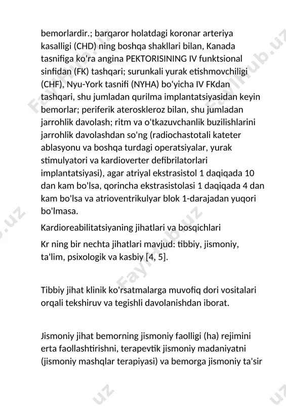 h bosqichda amalga oshiriladi [4, 5]: - i (erta statsionar) bosqichda kr reanimatsiya va intensiv terapiya bo'limida (brit) va kasalxonalarning yurak/kardiojarrohlik bo'limlarida kasallikning o'tkir va subakut davrlarida bo'lgan bemorlarga beriladi; - ii (statsionar reabilitatsiya) bosqichida kr rekonvalesans (tiklanish) davrida ixtisoslashgan (reabilitatsiya) statsionar bo'limlarda, agar tekshiruv natijalari bilan tasdiqlangan organlar va tizimlarning funktsiyalarini tiklash istiqbollari mavjud bo'lsa (reabilitatsiya potentsialiga muvofiq); kr markazining statsionar reabilitatsiya bo'limlarida yoki ko'p tarmoqli reabilitatsiya muassasalarining statsionar kr bo'limida yordam ko'rsatish imkoniyatlari mavjud. markazlar; - iii (ambulatoriya-poliklinika) bosqichida kr kech reabilitatsiya davrida, ya'ni kasallikning qoldiq hodisalari davrida amalga oshiriladi. bemorni o'ta murakkab jarrohlik operatsiyasiga, masalan, kshga tayyorlash uchun mo'ljallangan "preabilitatsiya" kichik bosqichi (kr ning birinchi bosqichigacha) mavjud [5]. bemorga operatsiyadan keyin ularning farovonligini maqbul idrok etish, tibbiy tavsiyalarni to'g'ri bajarish qobiliyati, samarali yo'tal texnikasi, diafragma (qorin) nafas olish, shikastlangan ko'kragini tejash o'rgatiladi. ushbu pastki bosqichda bemor turli xil mashqlar to'plamlari va nafas olish simulyatorlari (spirometrlarni rag'batlantirish) yordamida …