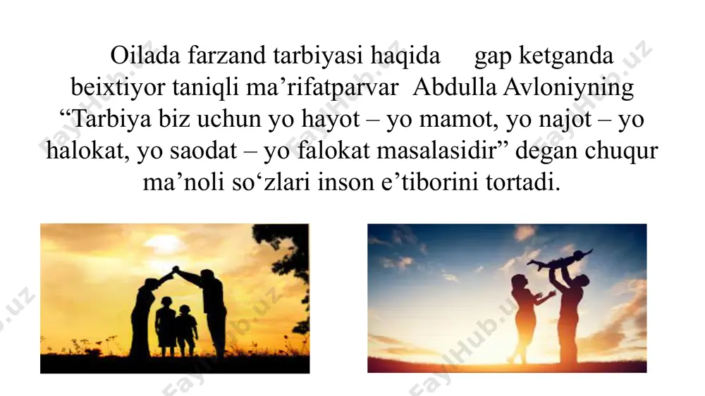sh, jismoniy ma`naviy va intelektual rivojlanishi uchun ma`suldir. -xo‘sh nega bugun ota-onalar farzandining ta’lim- tarbiyasiga e’tiborsiz? -farzandinig ta’lim- tarbiyasi bilan shug‘ullanishga qanday omillar to‘sqinlik qilyapti? -ota-onalar farzandiga ta’lim-tarbiya berish metodlarini biladimi? 14 birinchi navbatda farzandi tarbiyasiga e’tiborsizlik sababini o’rganish juda muhim ya’ni oiladagi o’zaro munosabatlar to’g’ri yo’lga qo’yilmaganligi, ota-onaning spirtli ichimlikka mukkasidan ketganligi, oilada er-xotin va farzandlar o’rtasida o’zaro izzat-hurmat yo’qolganligi, o’z farzandining tarbiyasini birovlarga ishonib qolishlari; oilaning moddiy yetishmovchiligi farzand tarbiyalash metodlarini bilmasligi kabi sabablarini keltirish mumkin farzandining ta’lim-tarbiyasiga e’tiborsiz ota-onalar bilan quydagi tartibda ishlarni amalga oshirsak maqsadga muvofiq bo’lar edi -ota-onalar o‘rtasida tarbiyaga oid bilimlarni targ‘ib qilish; innovatsion tarbiya texnologiyalardan keng foydalanish maqsadga muvofiqdir. jumladan, multimedia resurslari, o‘quv va badiiy adabiyotlar, elektron axborot-kommunikatsiya texnologiyalari, maxsus teleradio ruknlari va reportajlar, ijtimoiy loyihalar, ilmiy-ommabop, badiiy va multiplikatsiyaviy va hujjatli filmlar, elektron ta’lim resurslari, maxsus interaktiv veb loyihalar, audiovizual va boshqa vositalardan foydalanish o‘zining samarasini berishi muqarrar. -oilaviy tarbiyada qiyinchilikka uchrayotgan …