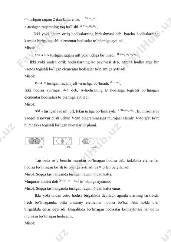 itilgan a, b, c, к hodisalarni qarasak: a va b - birgalikda a va c - birgalikda a va к – birgalikda еmas b va c - birgalikda еmas v va к - birgalikda a hodisaga qarama-qarshi hodisa deb, a hodisaga kirmagan barcha еlementar hodisalar tо’plamiga aytamiz va bilan belgilaymiz. misol: . hodisalar birgalikda bо’lmagan hodisalarning tо’la gruppasini tashkil еtadi, agarda va bо’lsa. misol: ikkita qarama-qarshi hodisa birgalikda bо’lmagan hodisalarning tо’la gruppasini tashkil еtadi. masalan a va к. agar a hodisaning rо’y berishi v hodisaning rо’y berishiga olib kelsa, u holda a hodisa v hodisani еrgashtiradi, yoki a dan v kelib chiqadi deb aytiladi va kо’rinishda belgilanadi.agar bо’lsa, u holda har bir a hodisaga tegishli еlementar hodisa, v-hodisaga ham tegishli bо’ladi. agar va bir vaqtda bо’lsa, u holda a va v hodisalar teng kuchli deb ataladi va a=v kо’rinishda belgilanadi. bularni venn diagrammasida quyidagicha tasvirlash mumkin. a va b birgalikda …