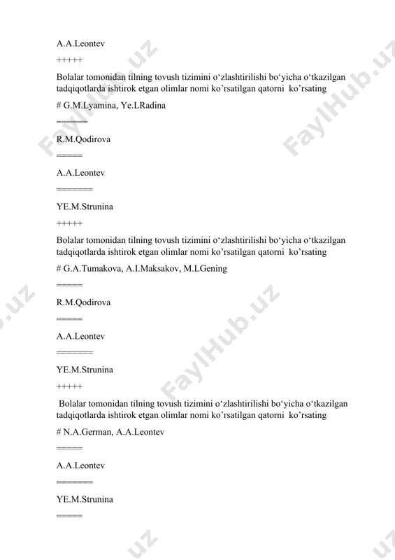 idiy tahlil qilishga tayangan holda maktabgacha yoshdagi bolalar nutqiga ta’sir ko‘rsatisb borasida o‘zining orginal usullari va yo‘llarini yaratishga intilishni rag‘batlantirish. d. ====== bolaning qadr-qimmatini va uning o‘ziga xosligini tushunish, bola nutqini «yaqin rivojlanishi hududi»ga qarab rivojlantirishni ko‘zda tutgan holda rivojlantirish xususiyr.tlarini hisobga olish. +++++++ tayyorlash guruhi bolalari nechta iboradan tarkib topgan ravon hikoya tuza oladi? 5-7 ta ibora. ===== 8-10 ta ibora. ===== 10-12 ta ibora ======= # 8-12 ta ibora. +++++ necha oydan boshlab bolada nutqiy taqlid va ovoz ifodaliligi rivojlanadi? # 9 oy. ====== 12 oy. ====== 8 oy. ====== 10 oy. ++++++ bolalar nutqini tadqiq etish chog‘ida maktabgacha yoshda so‘:z ustida ishlashni bolalar nutqi tuzilmasini rivojlantirishning muhim shartidir - qaysi olimning pedagogik qarashi? f.a.scxin ===== # o.s.uhakova ===== a.g.tembovseva ====== m.leushina ++++++ nutqni ilk rivojlantirish ikki davrga bo‘linadi bular qaysilar? # birinchisi - tayyorgarlik, ikkinchisi - mustaqil nutqni rasmiylashtirish. birinchisi - tayyorgarlik, ikkinchisi - tashkiliy. c. birinchisi …