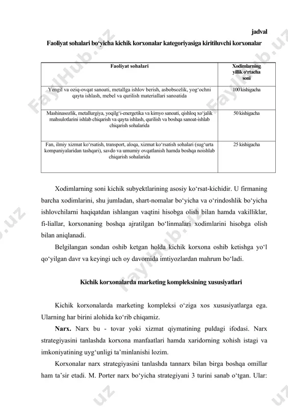 rxlar. kichik biznes subyektlarilarning ishlab chiqraish quvvatining kamligi bozorga katta miqdorda yangi mahsulot kiritib qaymog‘ini olishga yoki o‘rtacha narxlarni tutib turishga imkon bermaydi. ular asosan, bozorga endigina kirib kelayotgan ishtirokchilar hisoblanib, aksariyat hollarda arzon narxlar vositasida bozorga kirishga harakat qilishadi. a.i.muravyev va boshqalarning yozishicha, “narx siyosati avvalo korxonaning marketing strategiyasiga va bozordagi talabning holatiga mos kelishi shart”. o‘z navbatida baho siyosati ikki xil: past va yuqori bo‘lishi mumkin. ularning har biriga 2 tadan marketing strategiyalari mos keladi. segmentlar ko‘lami yoki sotishni rag‘batlantirish darajalari bilan strategiyalar bir-biridan farqlanadi. ushbu olim tomonidan 4 ta: passiv, keng miqyosda bozorga kirish, bozorga tanlab kirish va intensiv marketing strategiyalari keltirilgan. kichik biznes subyektlarilarning imkoniyatlarini cheklanganligi tufayli sotishni rag‘batlantirishga katta mablag‘ ajrata olishmaydi. natijada, keltirilgan ikkinchi va to‘rtinchi strategiyalardan foydalana olishmaydi. birinchi va uchinchi strategiyalardan foydalanish ehtimoli ko‘proq. yuqoridagi uchta adabiyotdagi fikrlarga ahamiyat bersak, m.porter - tannarx, n. siropolis - korxonaning bozordagi mavqeiga qarab, a.muravyev va …