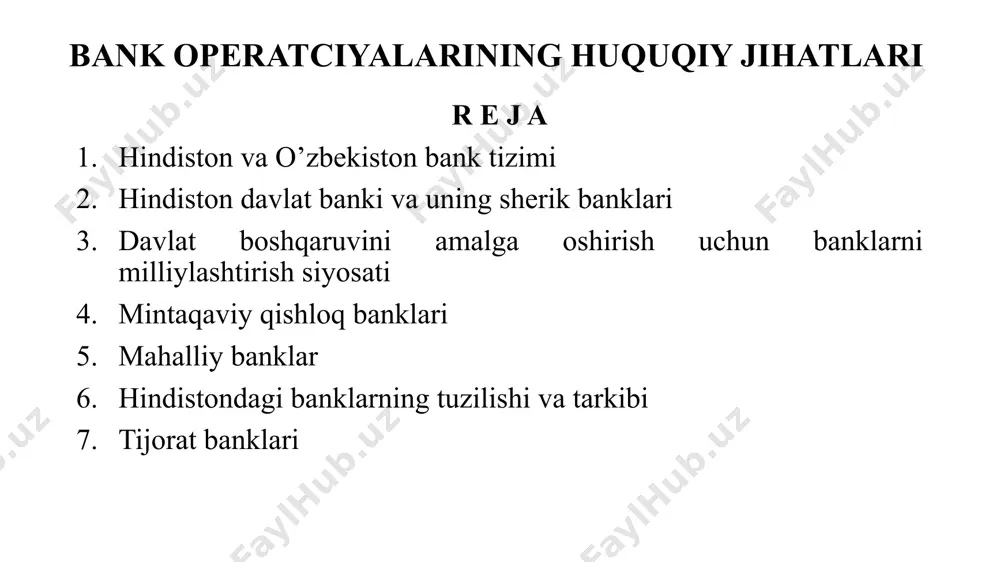 lar kvazi markaziy banklar sifatida faoliyat ko’rsatgan. 1839 yilda kalkuttadagi hind savdogarlari union bankni tashkil etishdi, ammo 1848-49 yillardagi iqtisodiy inqiroz natijasida 1848 yilda muvaffaqiyatsizlikka uchradi. 1863-yilda boch hindiston banki tashkil etilgan, ammo u 1913-yilda muvaffaqiyatsizlikka uchragan. 1865-yilda tashkil etilgan allohobod banki hindistonda hozirgi kunda saqlanib qolgan eng qadimgi aksiyadorlik banki hisoblanadi. 1881 yilda fayzobodda tashkil etilgan oudh tijorat banki 1958 yilda inqirozga uchradi. keyingisi 1895 yilda lahorda tashkil etilgan panjob milliy banki bo'lib, u hozir hindistondagi eng yirik banklardan biri hisoblanadi. o'sha paytda tashkil etilgan bir qator banklar hozirgi kungacha saqlanib qolgan: bank of india, corporation bank, indian bank, bank of baroda, canara bank va hindiston markaziy banki. 1925 yilda 3 bank birlashdi va hindiston imperial bankini tashkil qildi. 1935-yilda ish boshlagan “hindiston zahira banki”ni tashkil etish toʻgʻrisida qaror qabul qilinganda hindiston bank tarixidagi muhim voqea 1934-yilda yuz berdi. oʻshandan beri hindiston zahira banki mamlakatning markaziy banki sifatida bank …