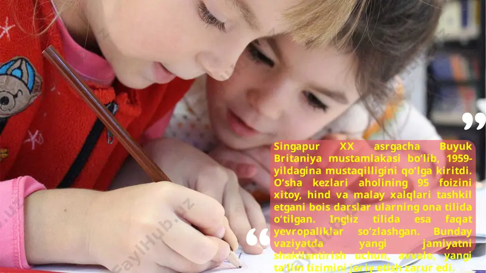 asi qoshida tashkil etilgan tadqiqot markazla­rida ilmiy izlanish olib borishi va qator fanlar bo‘yicha ilmiy daraja olishi mumkin. singapur universi­tetlari tomonidan berilgan diplom butun dunyoda amal qiladi. mamlakatda oliy ta’lim tizimi bakalavriat (3–4 yil), magistratura (1–3 yil) va doktorantura (2–5 yil) bosqichidan ­iborat. oliy ta’lim muassasa­larida o‘qish ingliz va xitoy tillarida olib boriladi. singapur ta’lim tizimi image1.jpg image2.jpg image11.jpeg image8.jpg image12.jpeg image13.png image3.jpg image6.jpg /docprops/thumbnail.jpeg