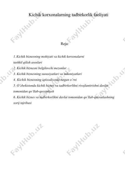 kichik korxonalarning tadbirkorlik faoliyati — DOC