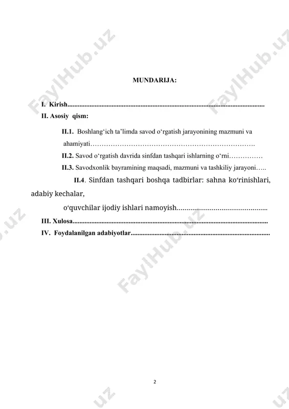 lar hayotida unutilmas taassurot qoldiradi. ular o‘zlarining mehnati baholanayotganini his etib, keyingi o‘quv bosqichlariga ijobiy ruhda kirishadi. shuningdek, ota-onalar ham farzandlarining bilim olish jarayonidagi faol ishtirokini ko‘rib, o‘qituvchi bilan hamkorlikda ishlashga intiladi. bu esa maktab va oila hamkorligining mustahkamlanishiga olib keladi. mazkur kurs ishida savod o‘rgatish davrining mazmuni va didaktik imkoniyatlari, shu bilan birga sinfdan tashqari tadbirlarning shakllari va ularni samarali tashkil etish usullari haqida ilmiy-pedagogik jihatdan tahlil yuritiladi. amaliy misollar, metodik tavsiyalar hamda bayram tadbirlari ssenariylari orqali mavzuning dolzarbligi asoslanadi. ish davomida zamonaviy pedagogika yutuqlariga, ilg‘or tajribalarga, metodik adabiyotlarga hamda amaliyotdagi kuzatuvlarga tayaniladi. savod o‘rgatish davri boshlang‘ich ta’limning eng muhim va mas’uliyatli bosqichlaridan biri hisoblanadi. bu davrda o‘quvchilar hayotlarida ilk bor kitob bilan tanishadilar, tovush va harflar orqali nutqni o‘rganadilar, o‘qish va yozish ko‘nikmalarini egallaydilar. aynan shu bosqichda ularning tafakkuri, nutqi, idroki va estetik dunyoqarashi shakllanib boradi. shu boisdan savod o‘rgatish nafaqat texnik malaka berish, balki bolani shaxs sifatida …