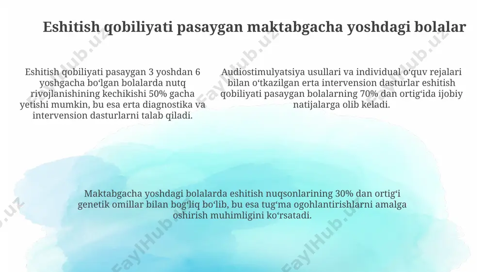 bo‘lishi mumkin. eshitish buzilishining darajasi audiometriya natijalari orqali aniqlanadi va desibel (db) birliklarida o‘lchanadi, 25-40 db engil, 41-70 db o‘rtacha, 71 db va undan yuqori esa og‘ir eshitish buzilishi hisoblanadi. tug‘ma eshitish buzilishi 1000 chaqaloqdan 1-3 tasida uchraydi va bu genetik omillar, tug‘ruq paytidagi asoratlar yoki yuqumli kasalliklar bilan bog‘liq bo‘lishi mumkin. inklyuziv ta’lim inklyuziv ta’limda o‘qituvchilarning 80% dan ortig‘i ixtisoslashtirilgan treninglardan o‘tishi va kamida 5 yillik tajribaga ega bo‘lishi, bolalar bilan samarali ishlash uchun juda muhim hisoblanadi. inklyuziv ta’lim yosh bolalarga, shu jumladan, eshitish qobiliyati past bolalarga 1:1 yoki kichik guruhlarda (3-5 nafar bola) individual yondashuvni ta’minlash imkoniyatini beradi, bu esa ularning o‘ziga xos ehtiyojlarini qondirishga yordam beradi. inklyuziv ta’lim dasturlari, eshitish qobiliyatining pasayishi darajasiga qarab, turli xil audiologik va pedagogik texnologiyalarni (eshitish apparatlari, koklear implantlar, alternativ va qo‘shimcha aloqa usullari) qo‘llashni o‘z ichiga oladi. eshitish qobiliyatini tiklash usullari logopedik mashg'ulotlar va individual o'qitish dasturlari yordamida, bolalarning 90% dan …
